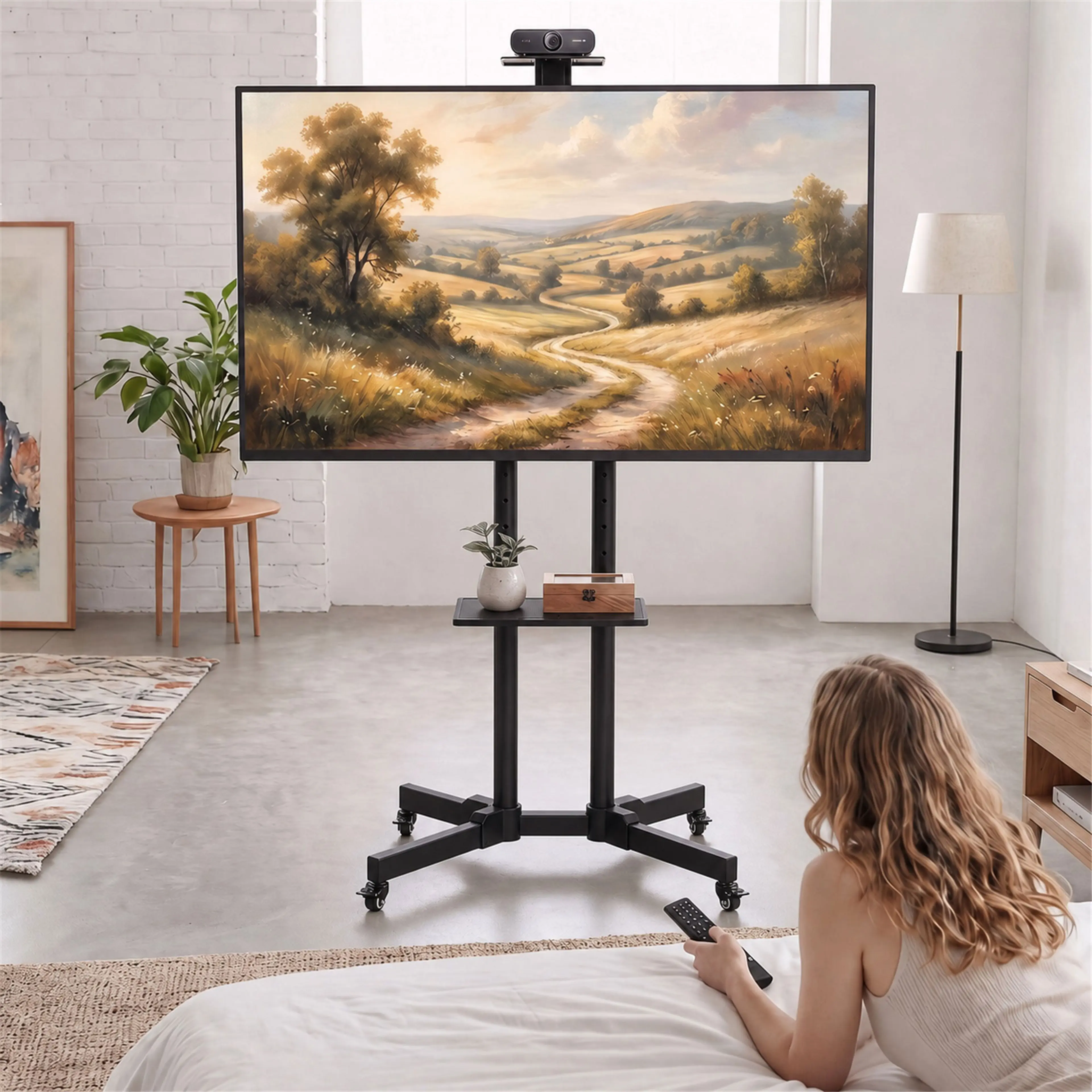 Tv-ställningen i ett sovrum, med en kvinna som ligger på sängen och tittar