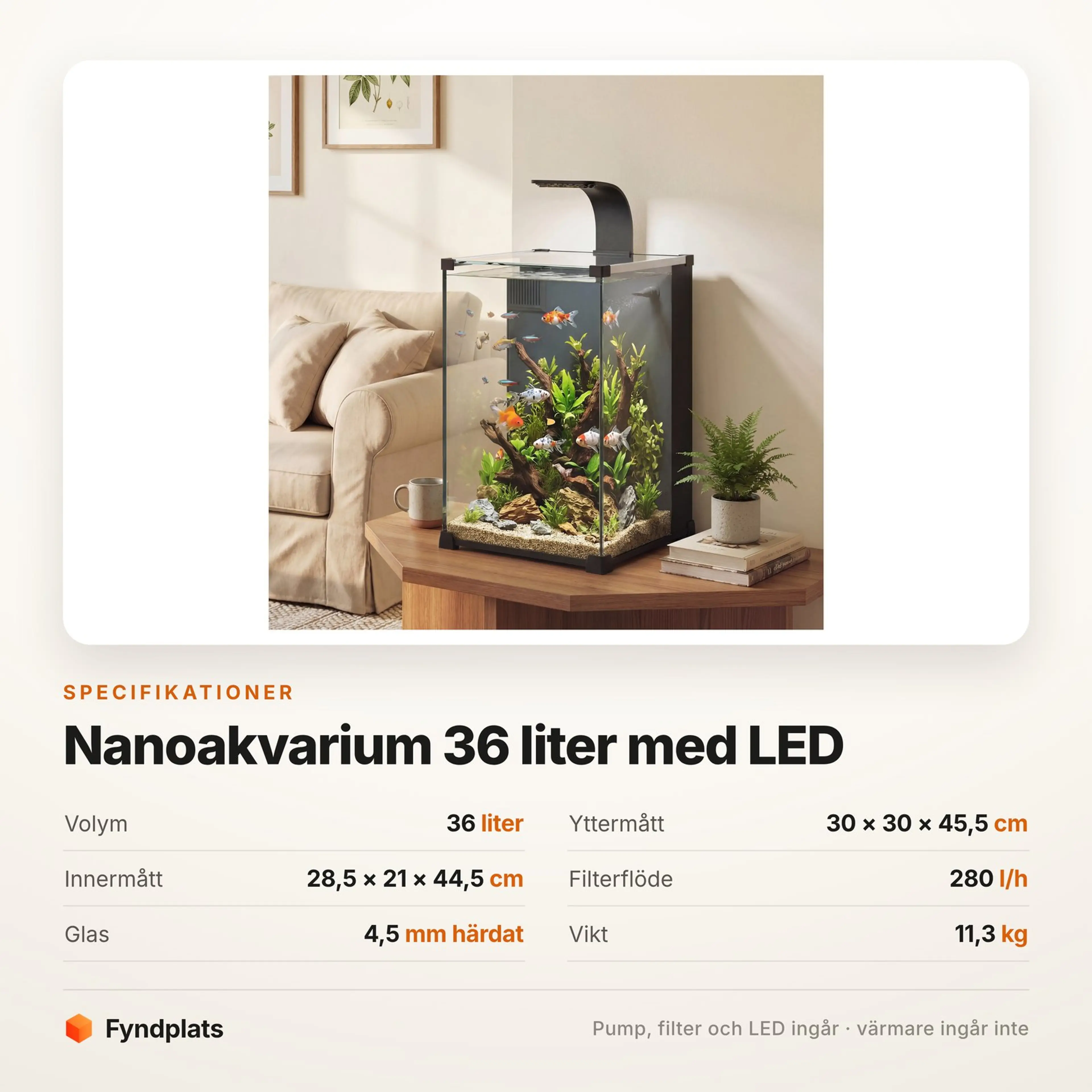 Nanoakvarium 36 liter med LED, inbyggt filter och pump – bild 3