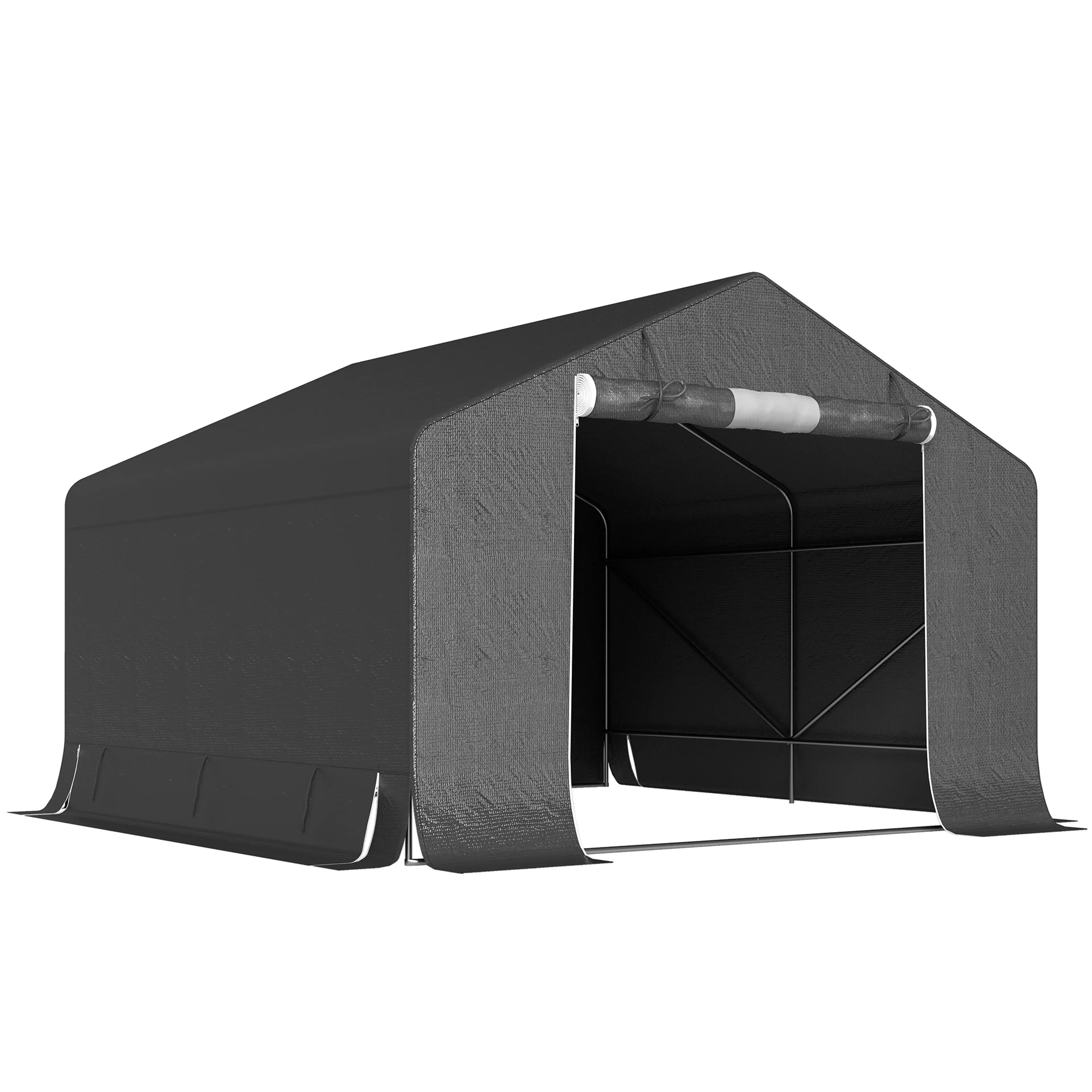 Mörkgrått garagetält 300 × 300 cm med korsstag synligt i bakväggen