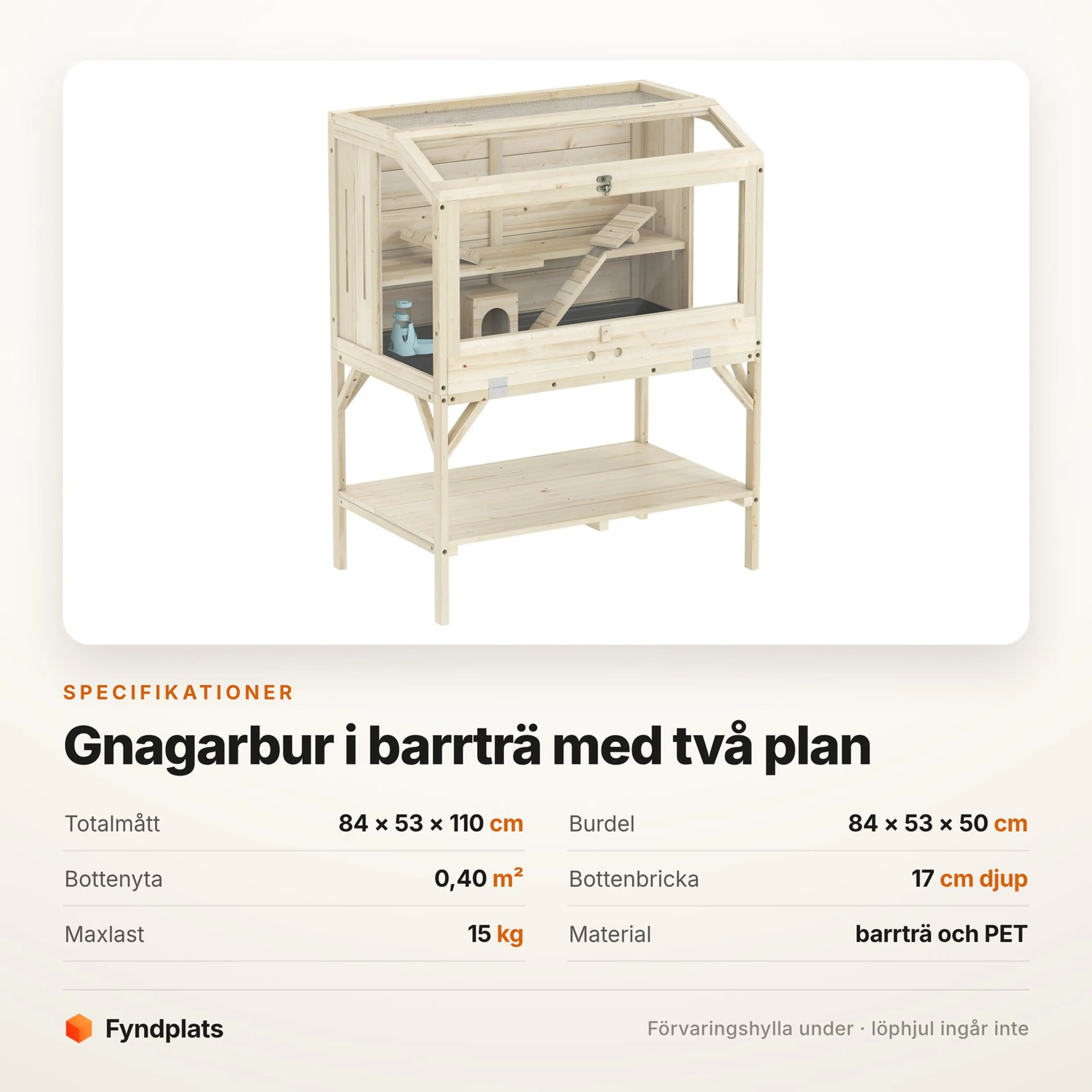 Hamsterbur i trä med förvaringshylla, 84 × 53 × 110 cm – bild 3
