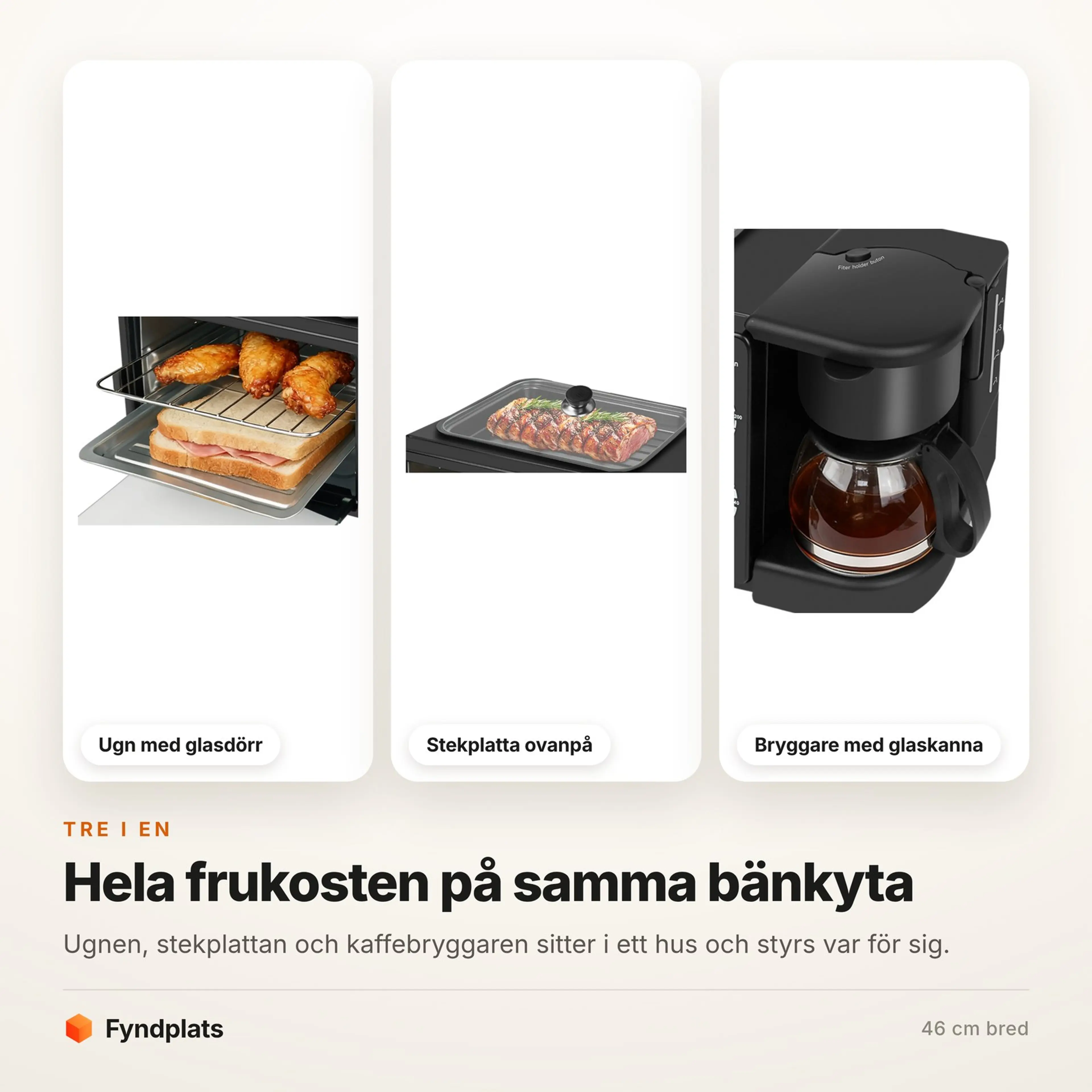 Fyndplats-kort: maskinens tre delar — ugn med glasdörr, stekplatta och kaffebryggare