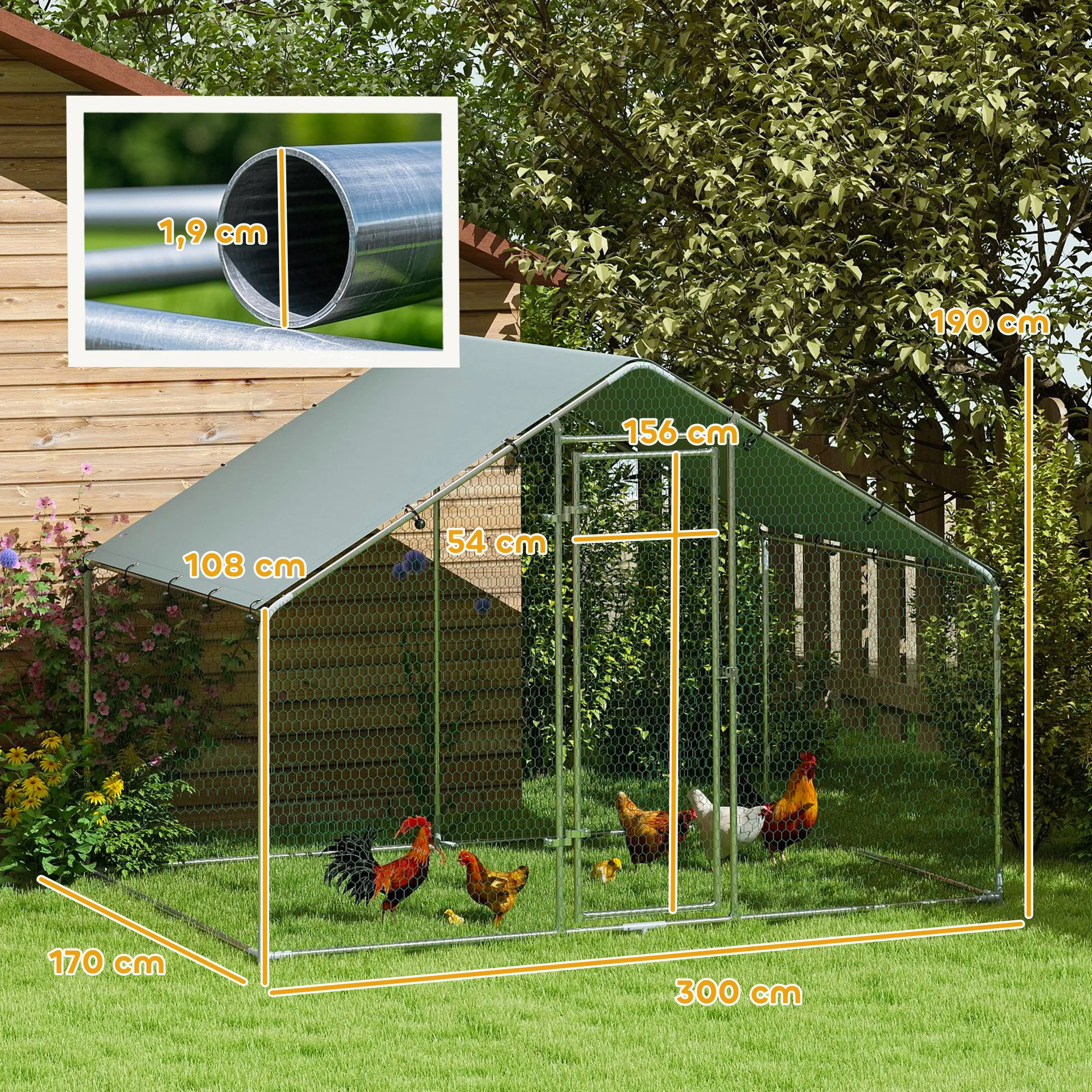 Måttskiss för hönsgården 300 x 170 x 190 cm med dörr 54 x 156 cm, takfotshöjd 108 cm och rördiameter 1,9 cm
