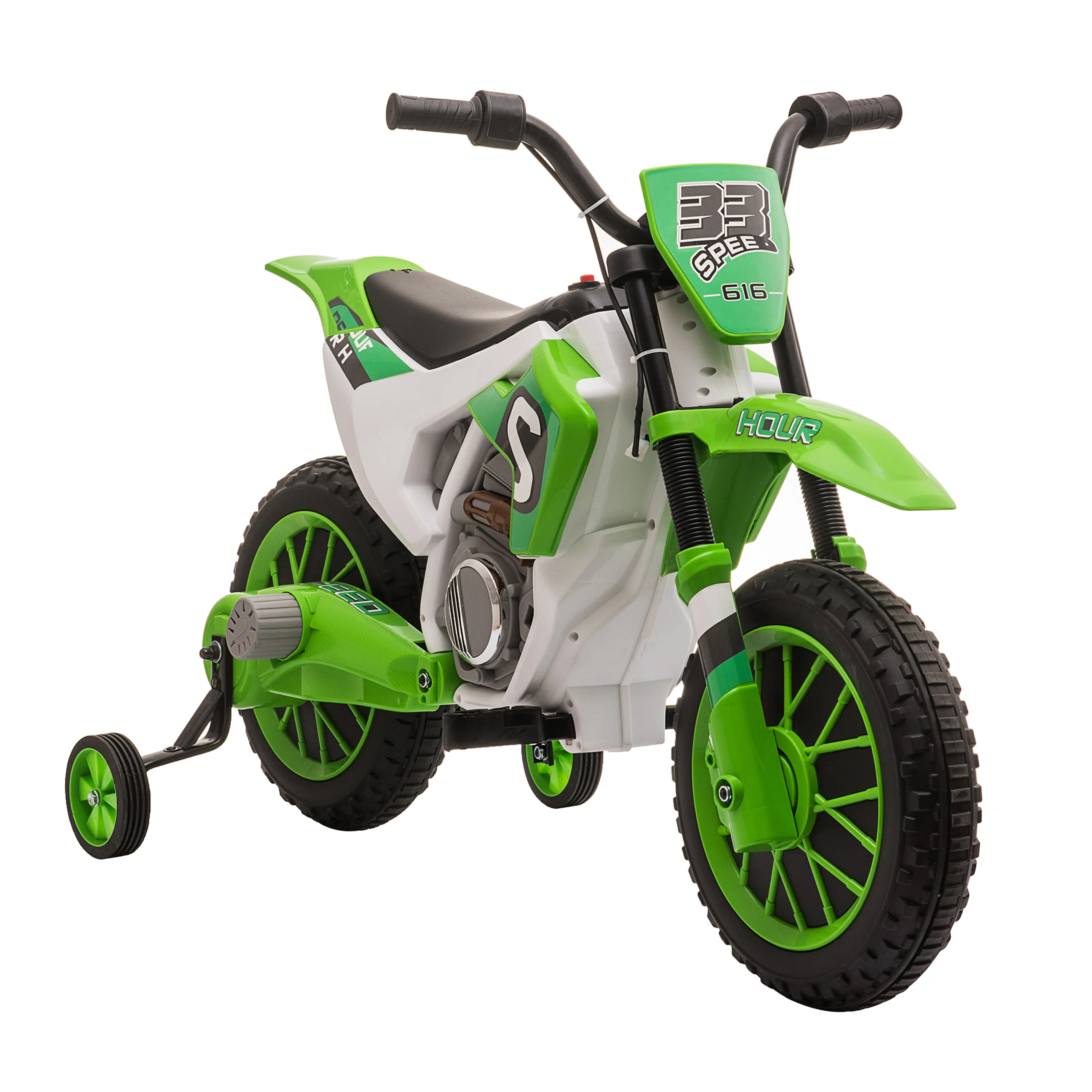 Elmotorcykel för barn 12 V – grön cross med stödhjul, 3–8 km/h, från 3 år