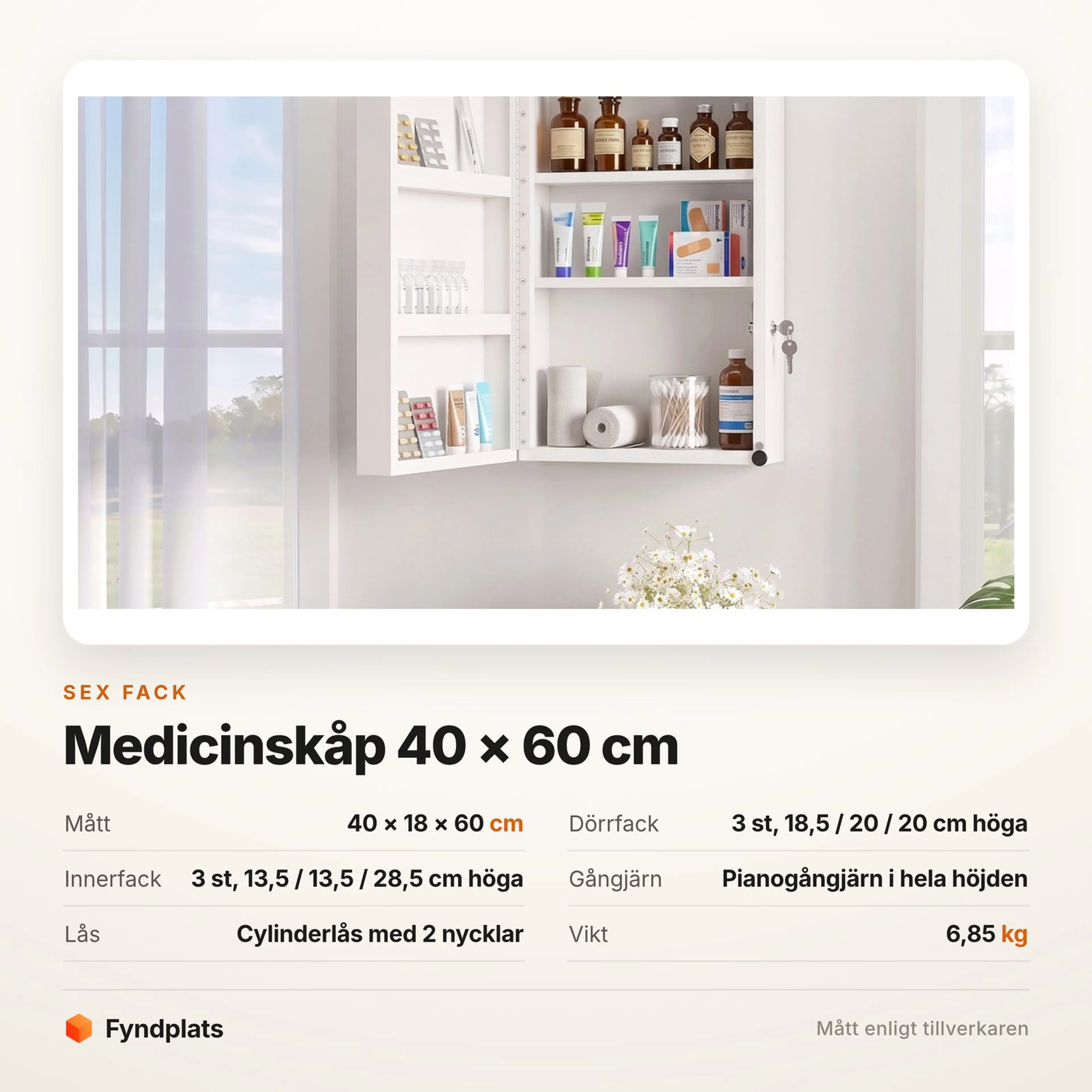 Faktakort: skåpet 40 × 18 × 60 cm med tre dörrfack och tre innerfack