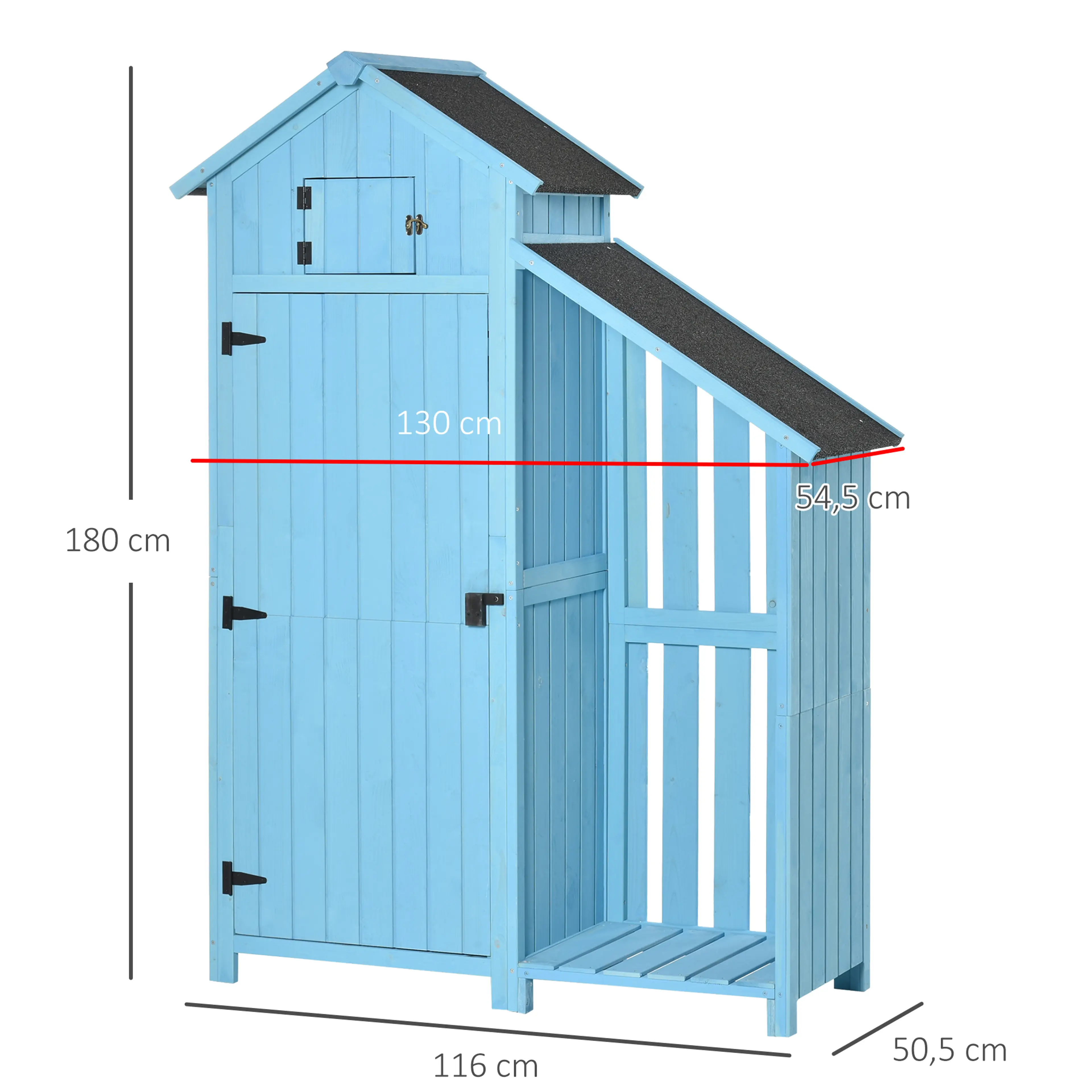 Måttbild: skåpet är 130 cm brett, 54,5 cm djupt och 180 cm högt