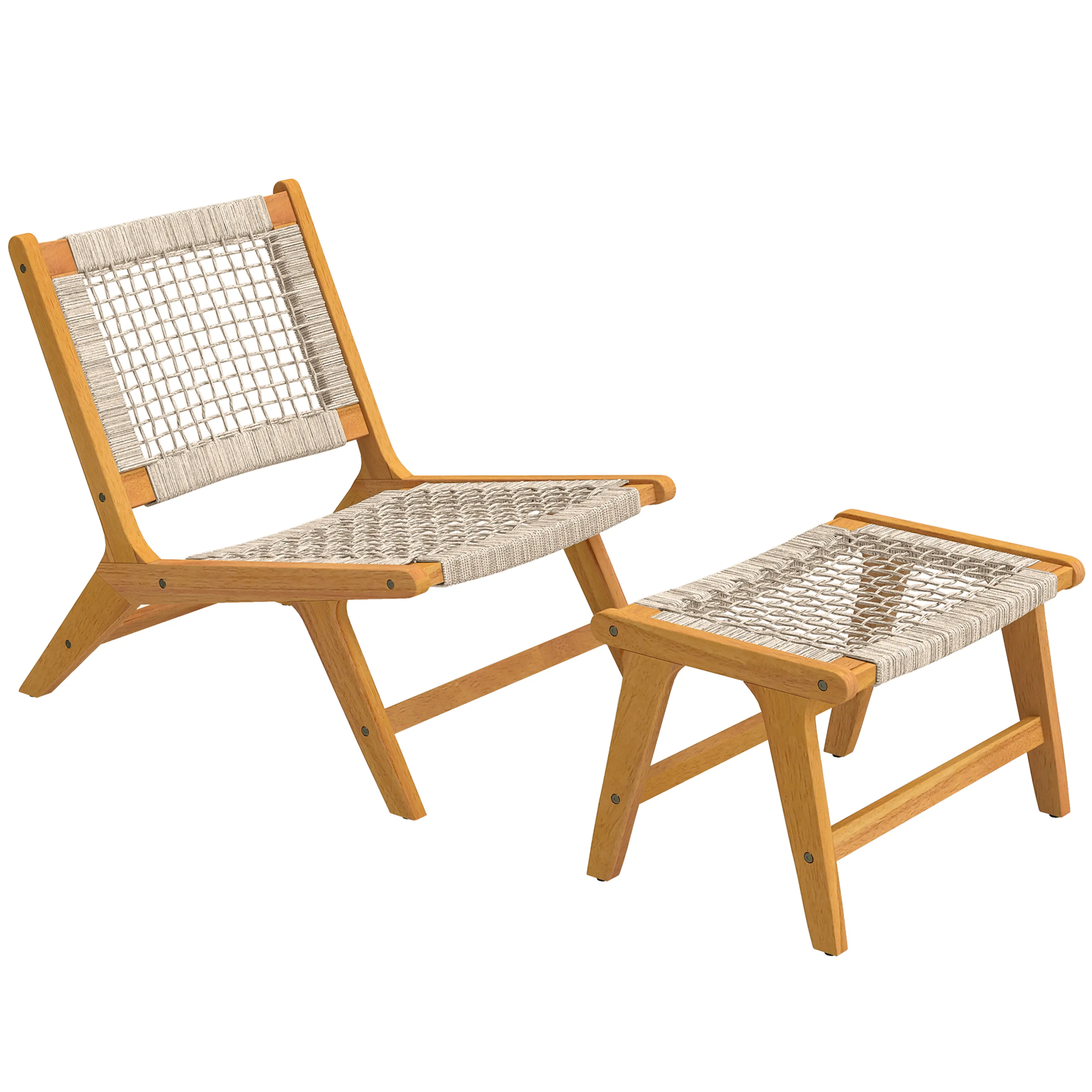 Loungefåtölj med låg rygg och en fotpall i ljust akaciaträ med flätad beige sits av rep, mot vit bakgrund