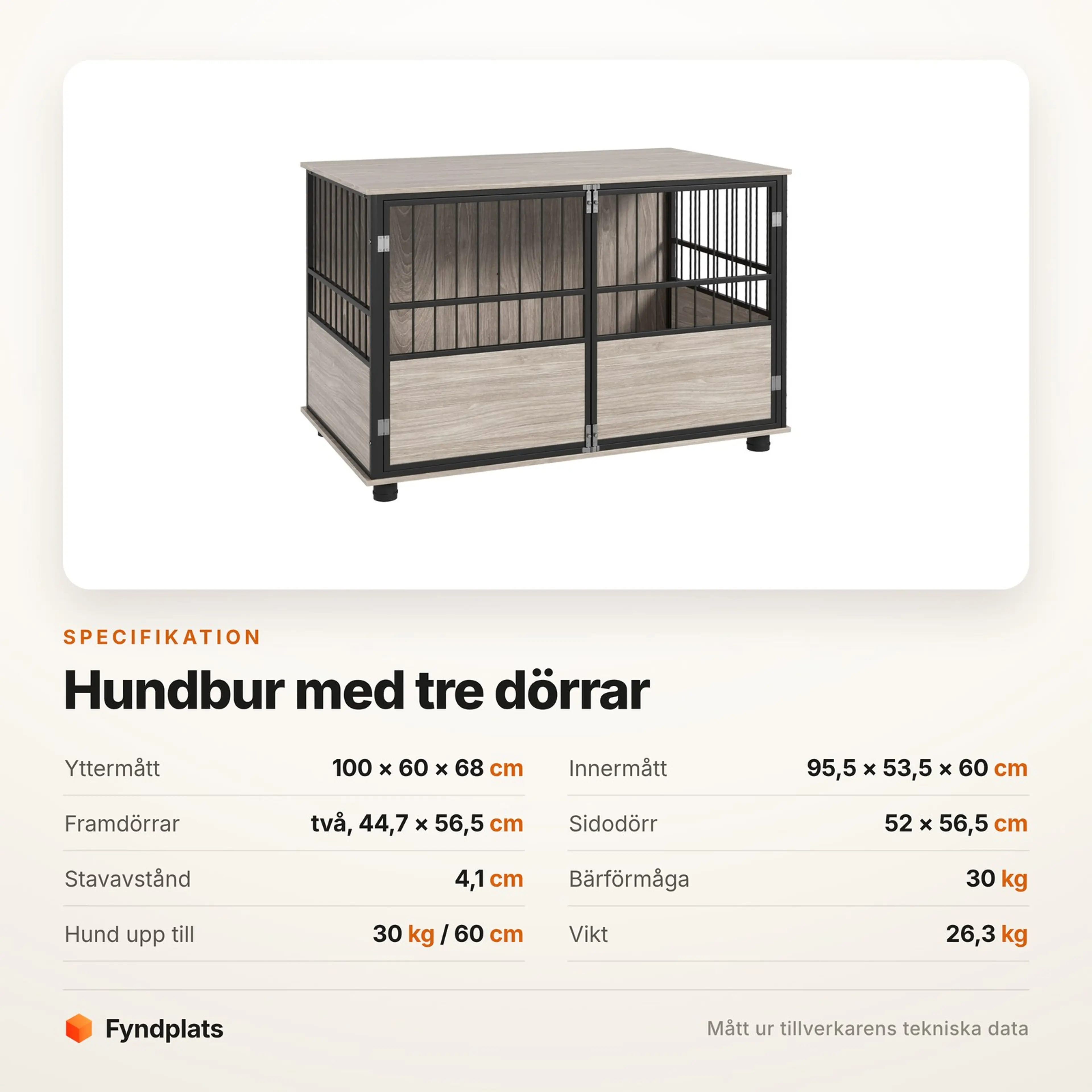 Spec-kort för hundbur med tre dörrar med mått, dörrstorlekar och stavavstånd