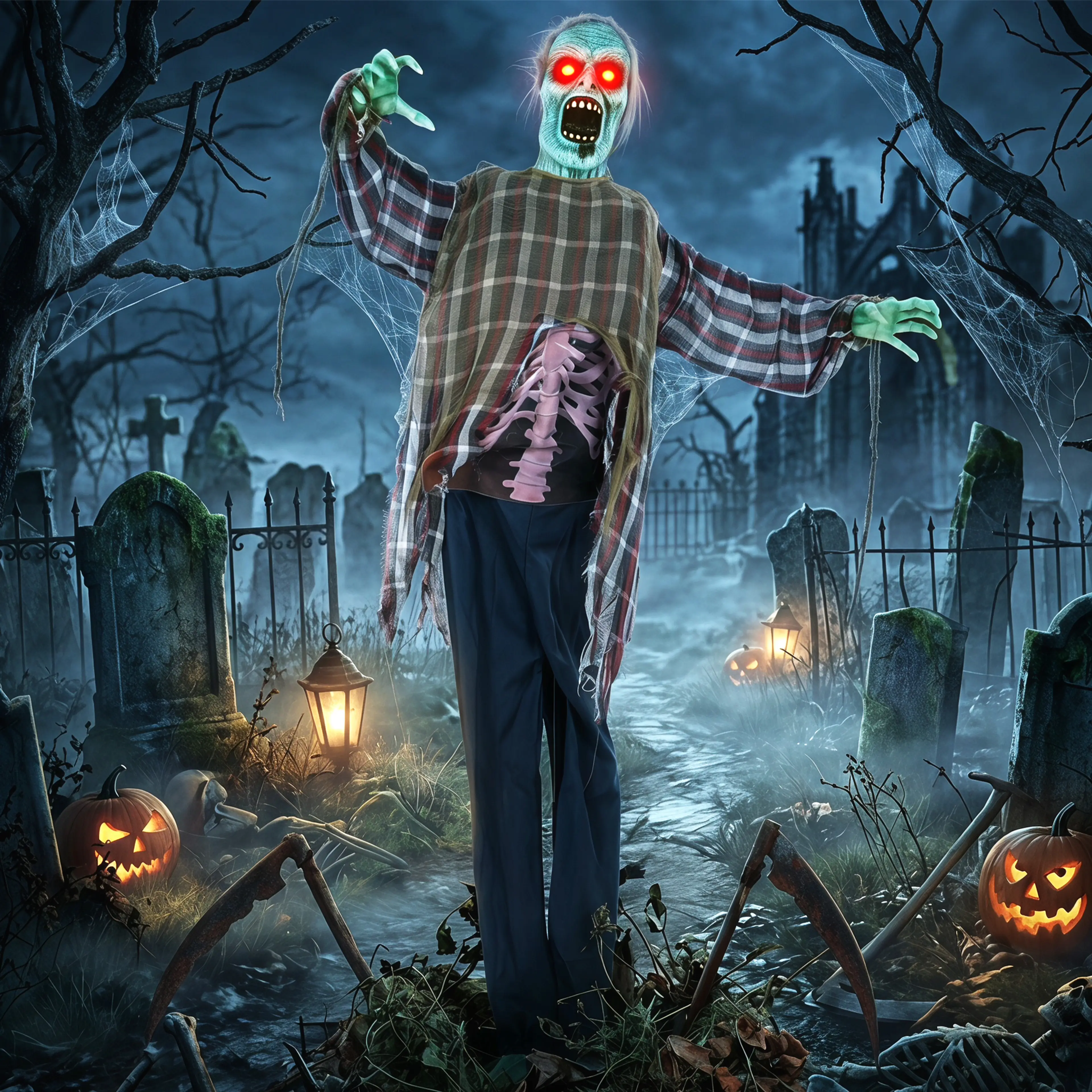 Animerad halloweenzombie 170 cm med ljud och röda LED-ögon – bild 2