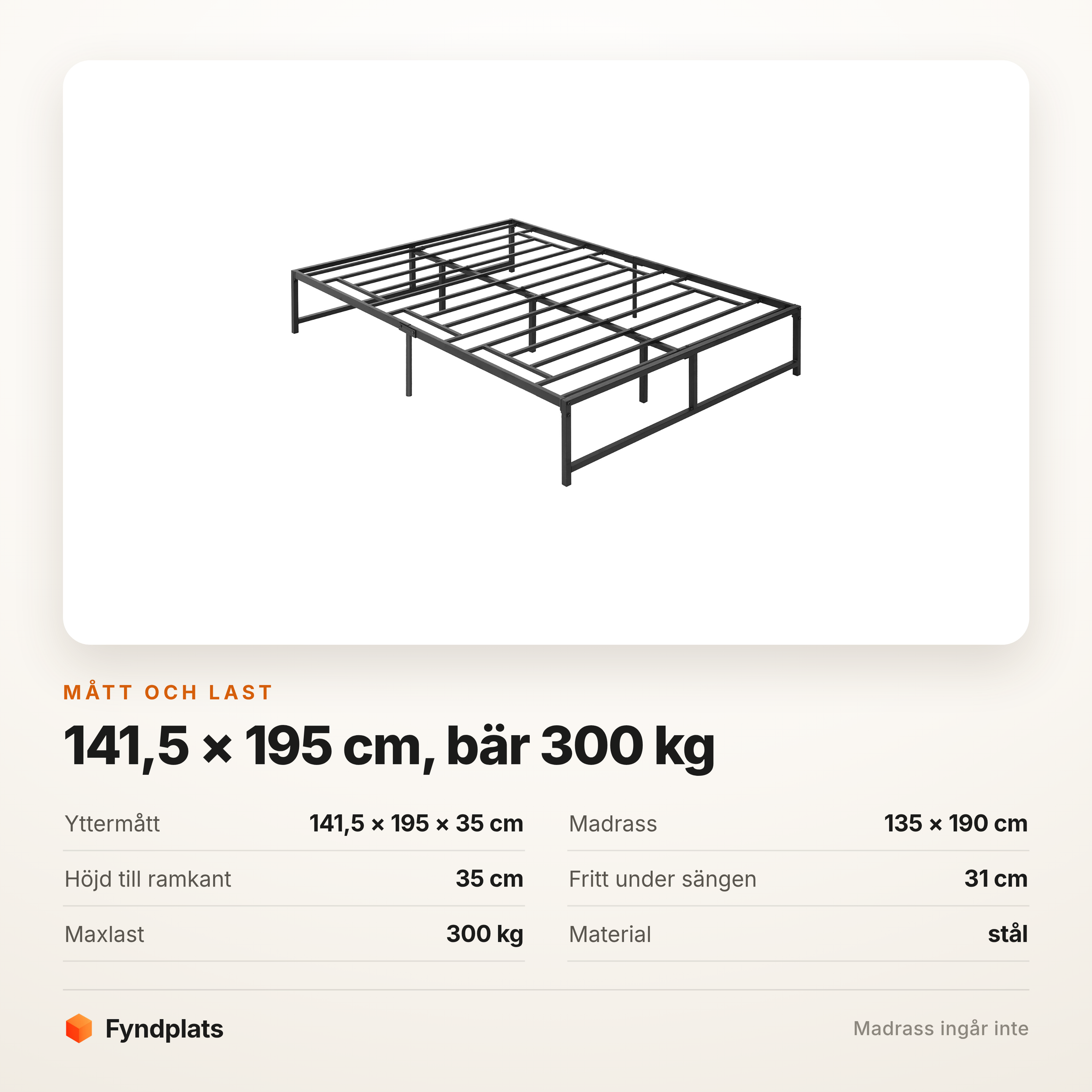 Kort: mått 141,5 × 195 cm och maxlast 300 kg