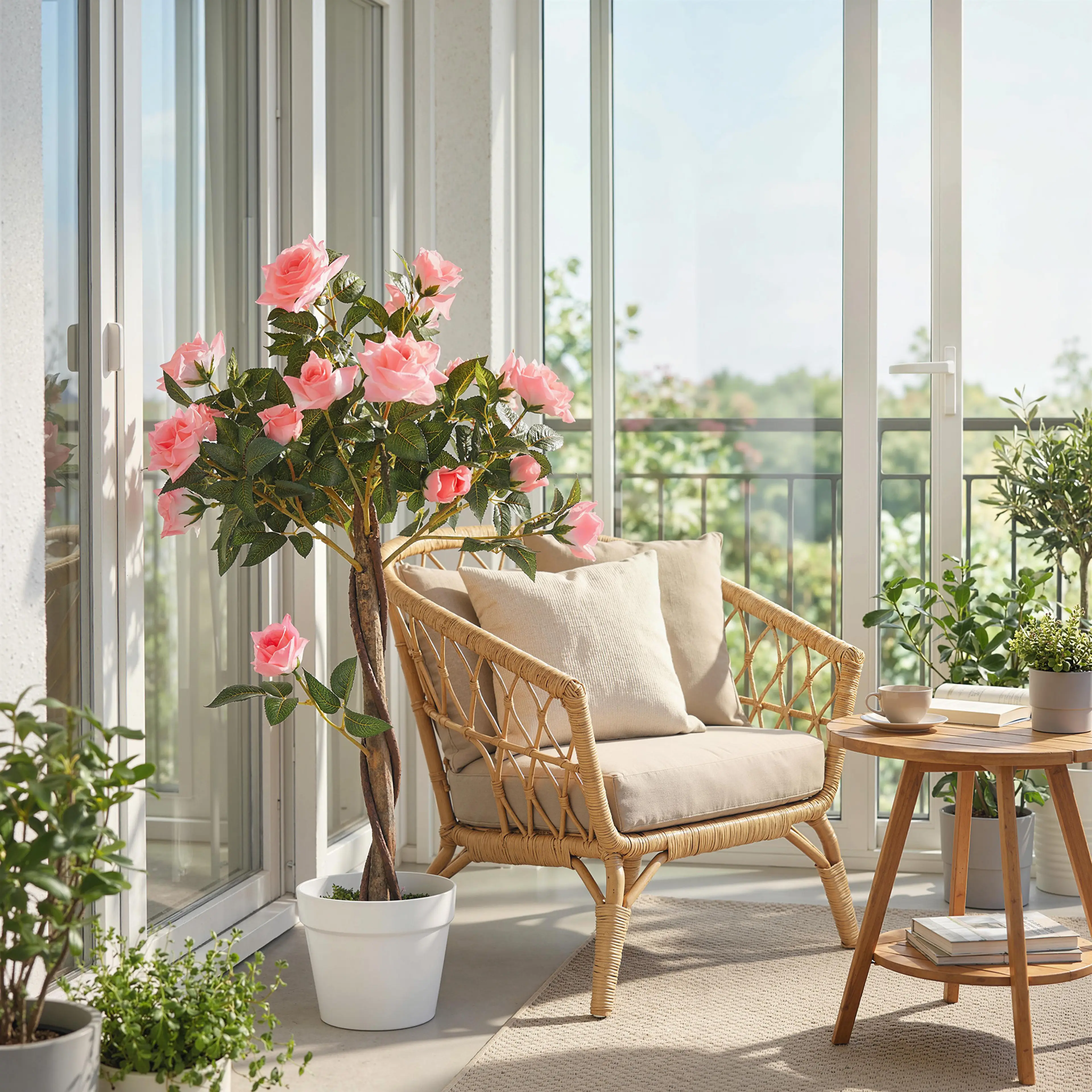 Rosenträdet på en inglasad veranda bredvid en rottingstol