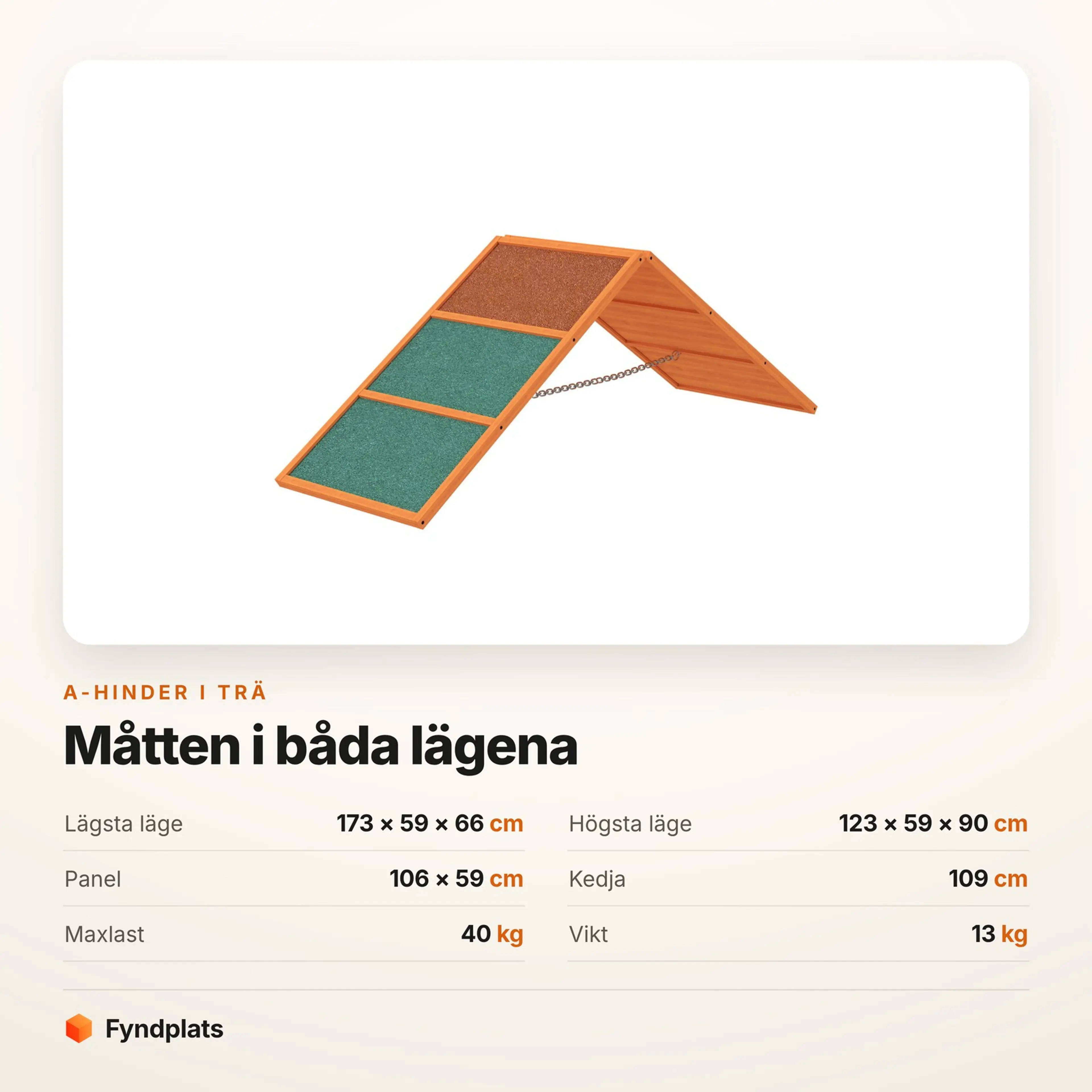 Spec-kort med A-hindrets mått: 173 × 59 × 66 cm i lägsta läget och 123 × 59 × 90 cm i högsta