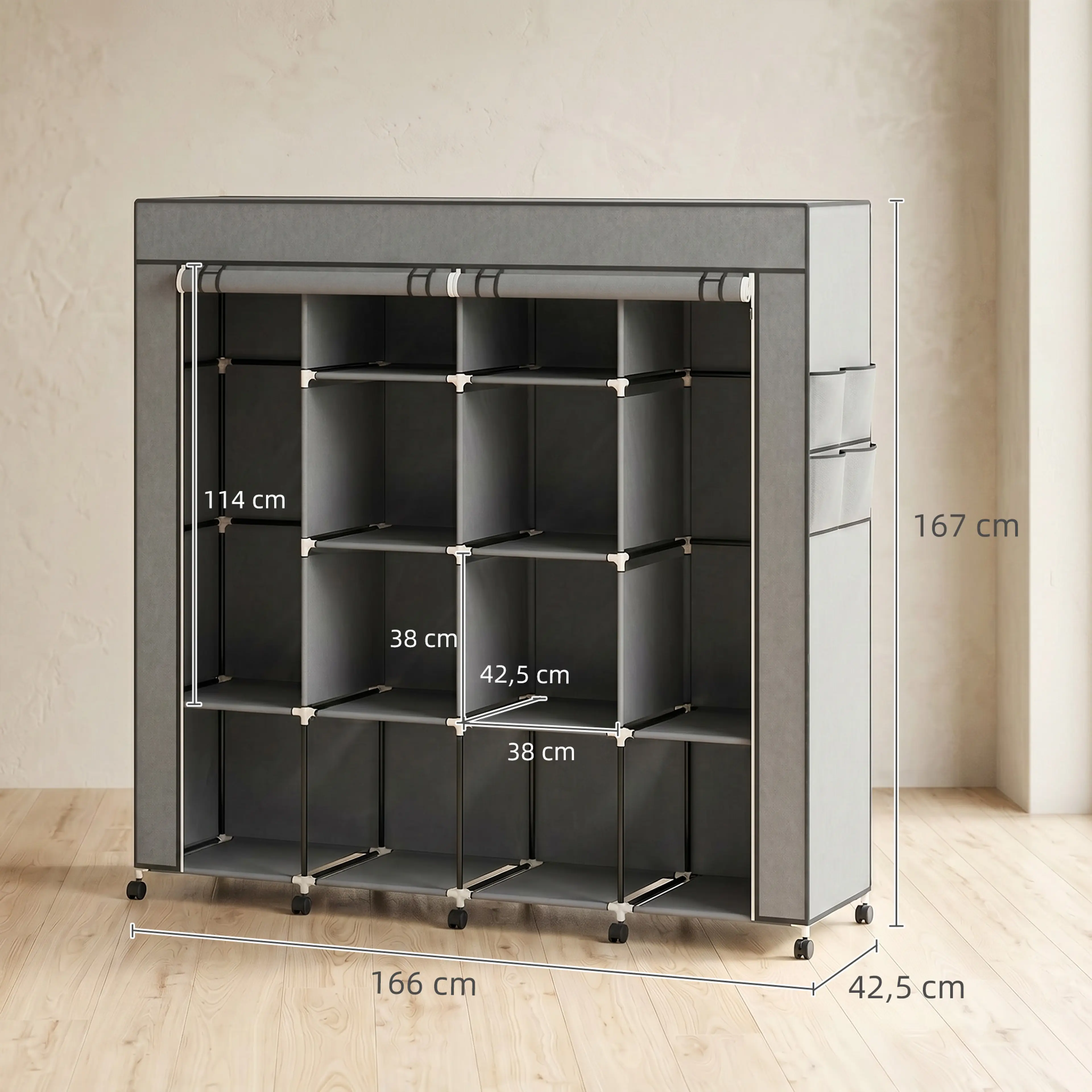 Måttdiagram för tyggarderob med hjul – 166 × 42,5 × 167 cm, fack 38 × 38 cm