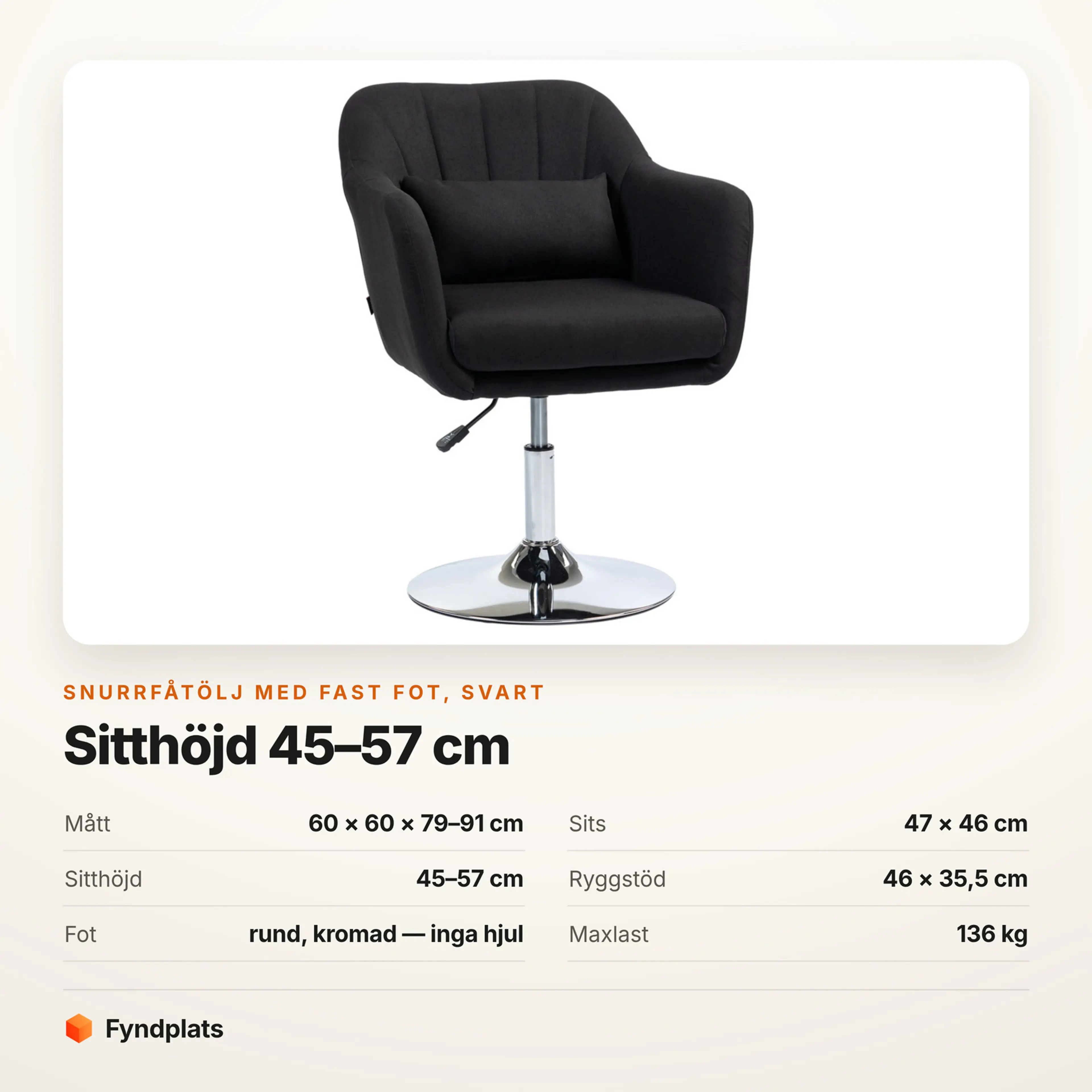 Faktakort: snurrfåtölj svart, mått, sits, sitthöjd och maxlast