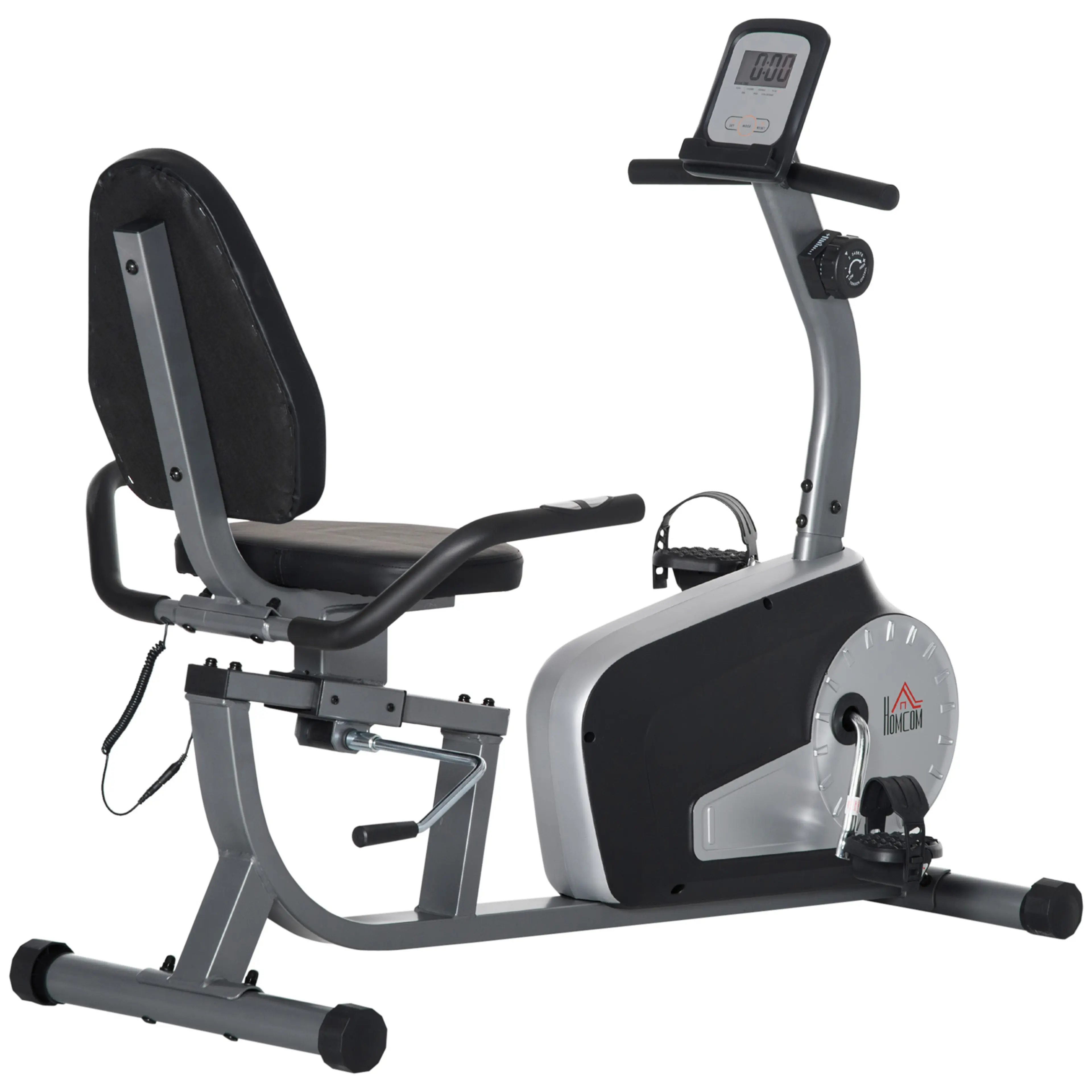 Liggande motionscykel i grått och svart med ryggstöd och display, på vit bakgrund