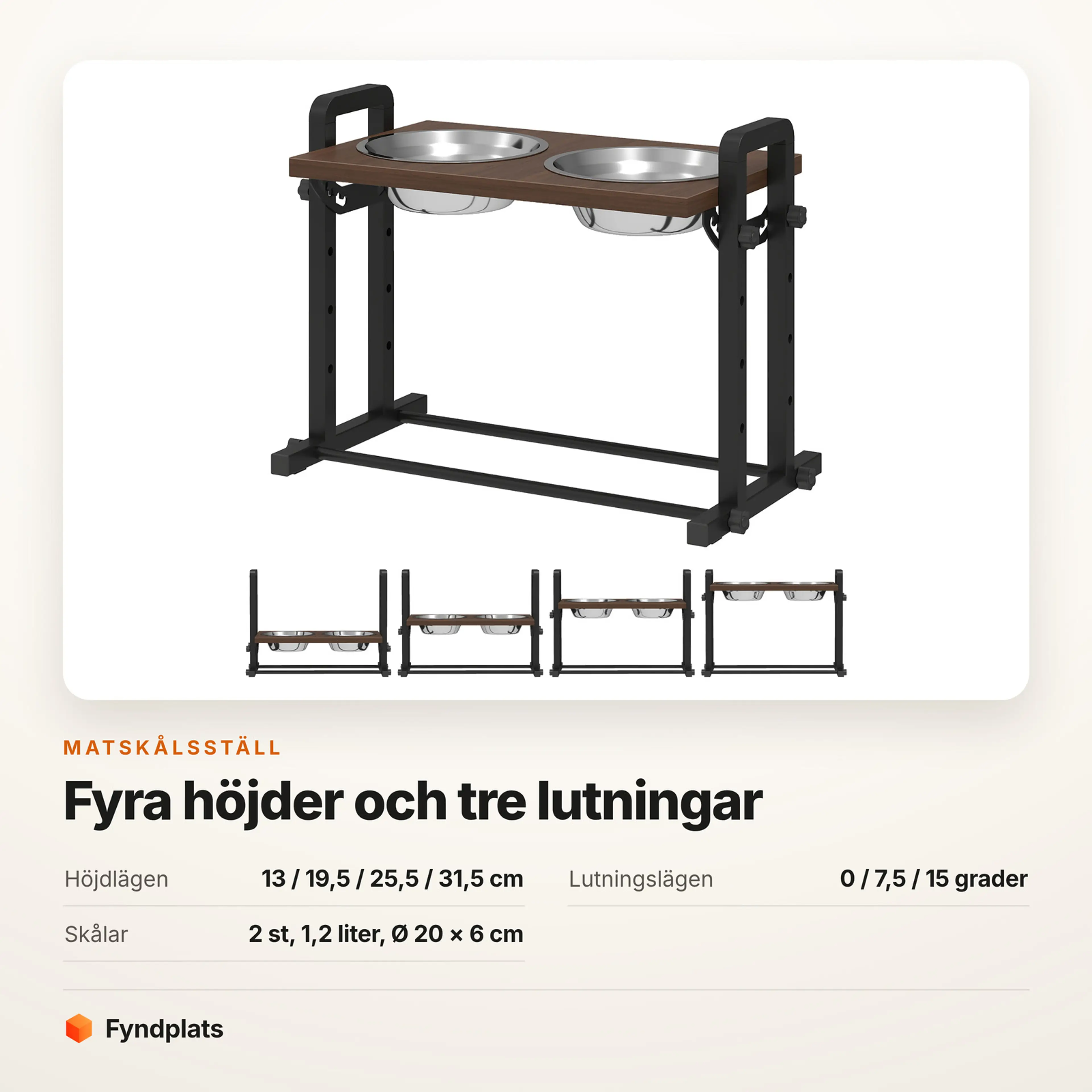 Faktakort: fyra höjder 13–31,5 cm, tre lutningar och skålar på 1,2 liter