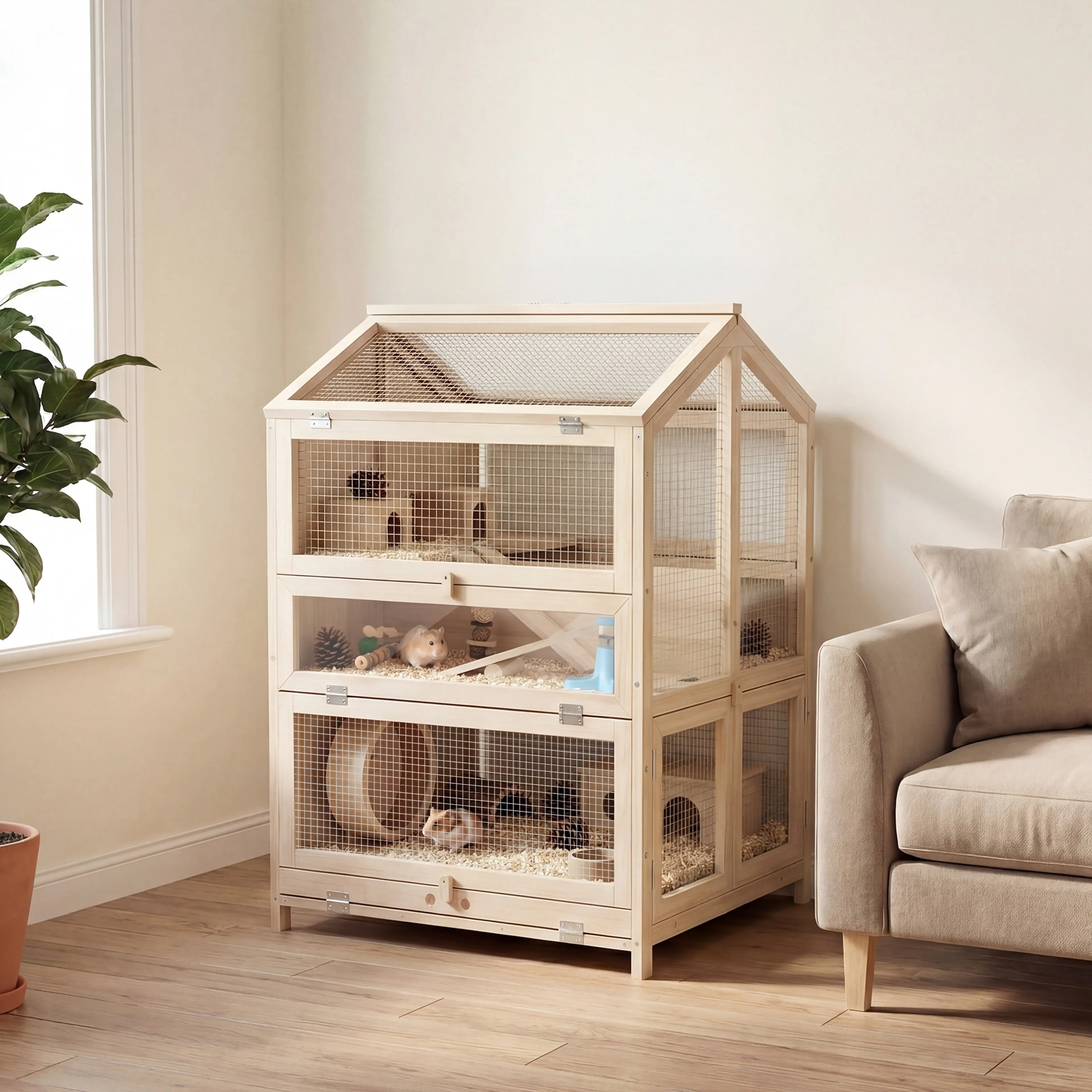 Hamsterburen stående i ett vardagsrum bredvid en soffa
