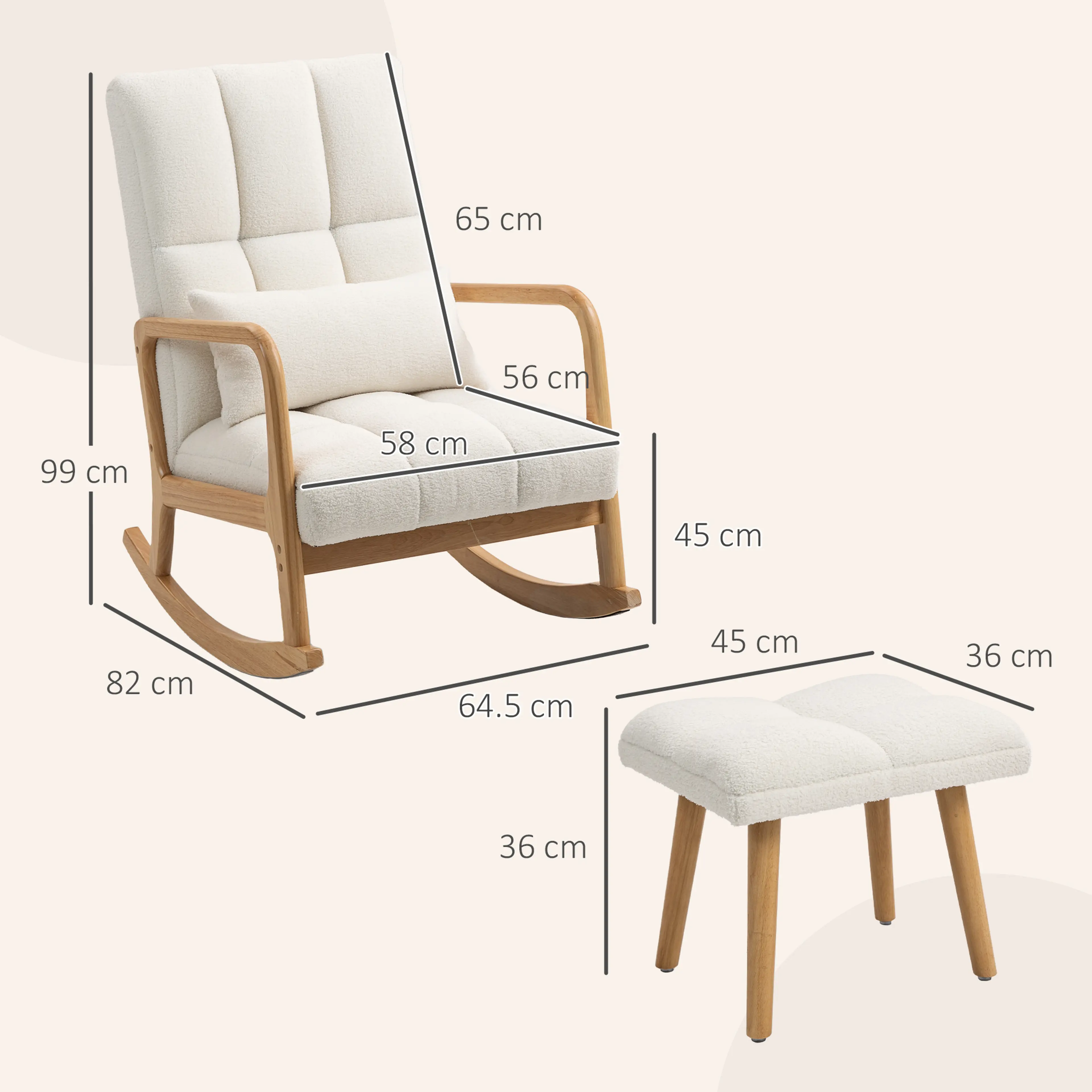 Måttskiss: 82 × 64,5 cm golvyta, 99 cm höjd, 58 cm sits och fotpall 45 × 36 cm