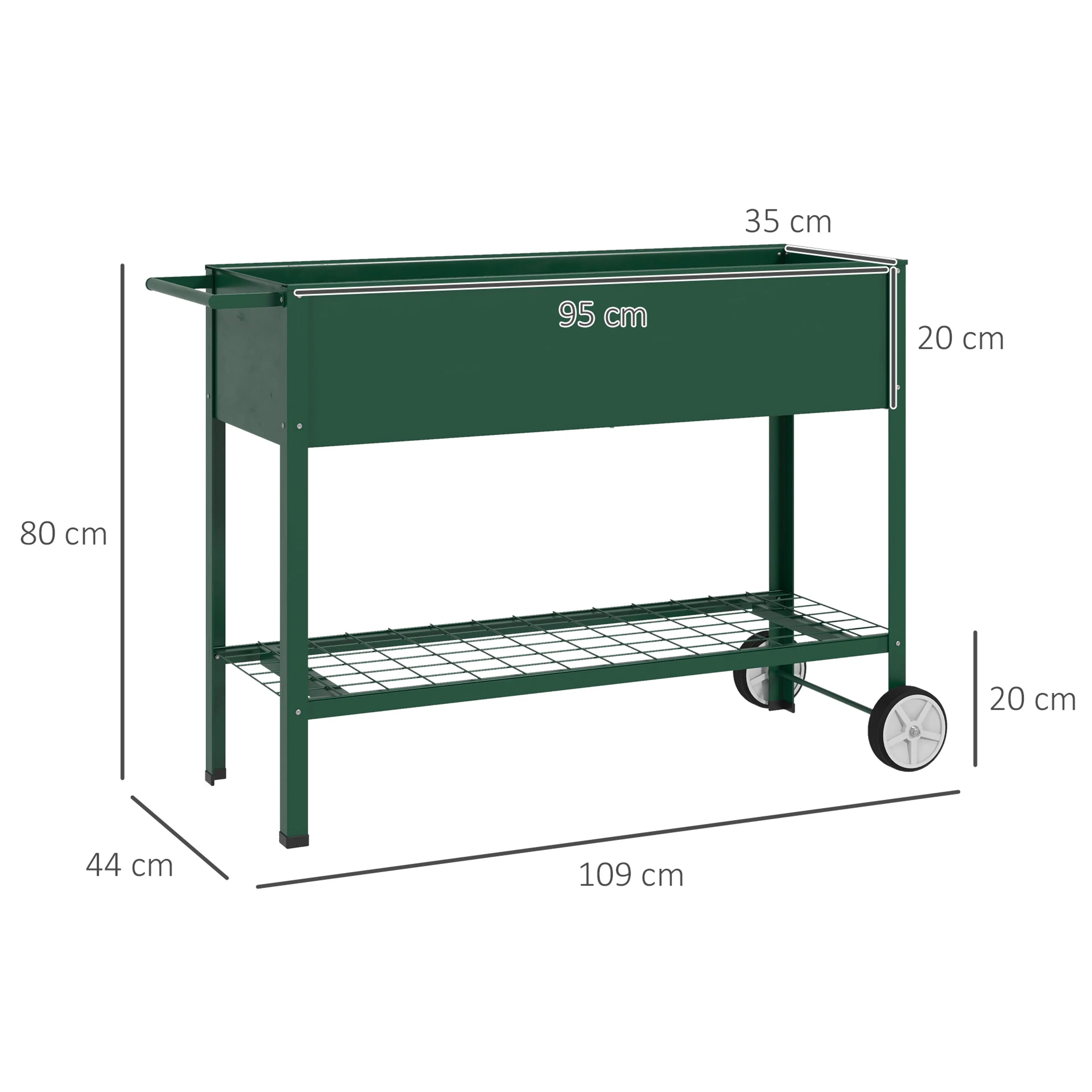 Måttritning: 109 cm lång, 44 cm djup och 80 cm hög med insats på 95 × 35 × 20 cm