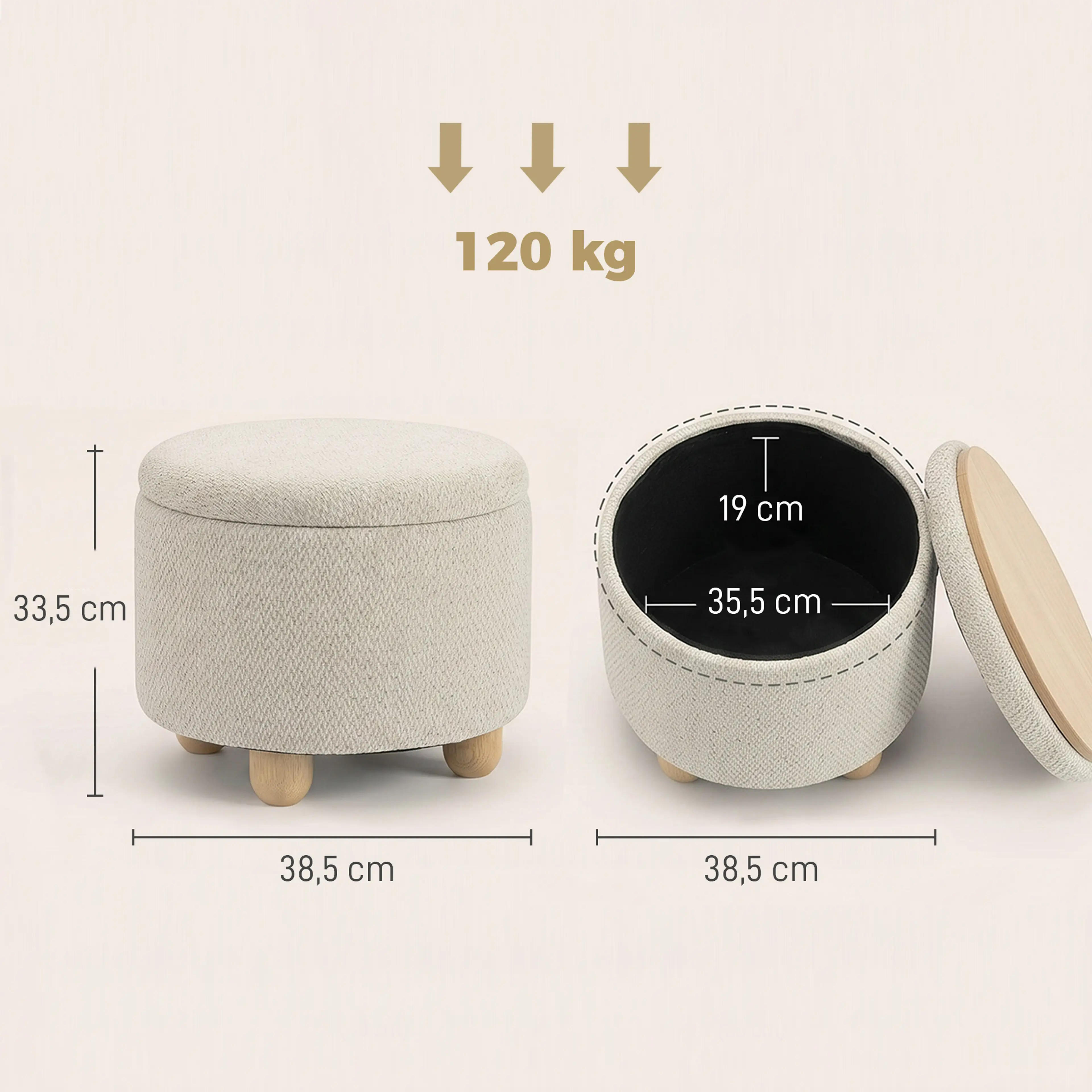 Måttbild: pallen är 38,5 cm i diameter och 33,5 cm hög, förvaringen 35,5 × 19 cm, och bär 120 kg