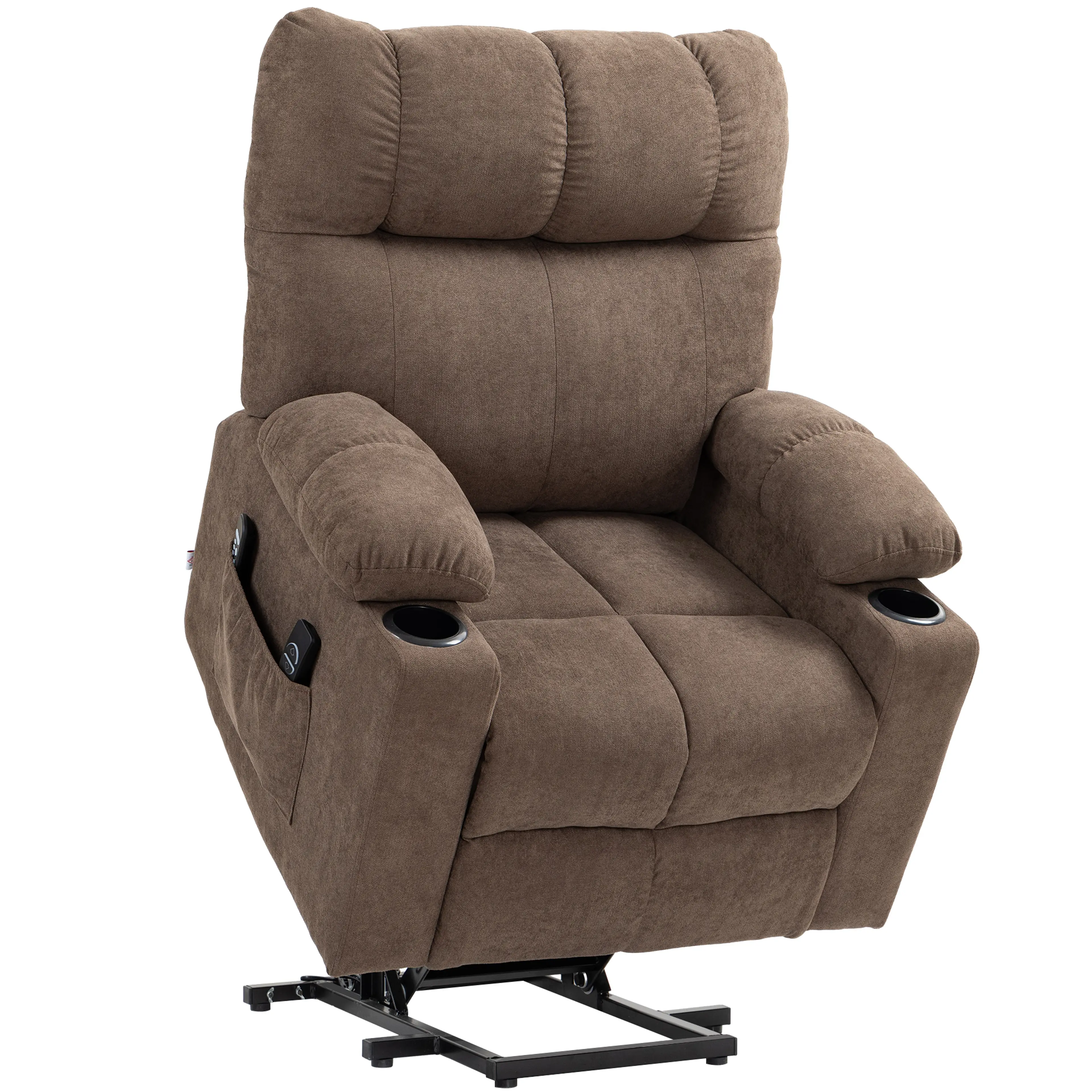 Uppresningsfåtölj brun med mugghållare – massage, ländvärme och 60 cm sits