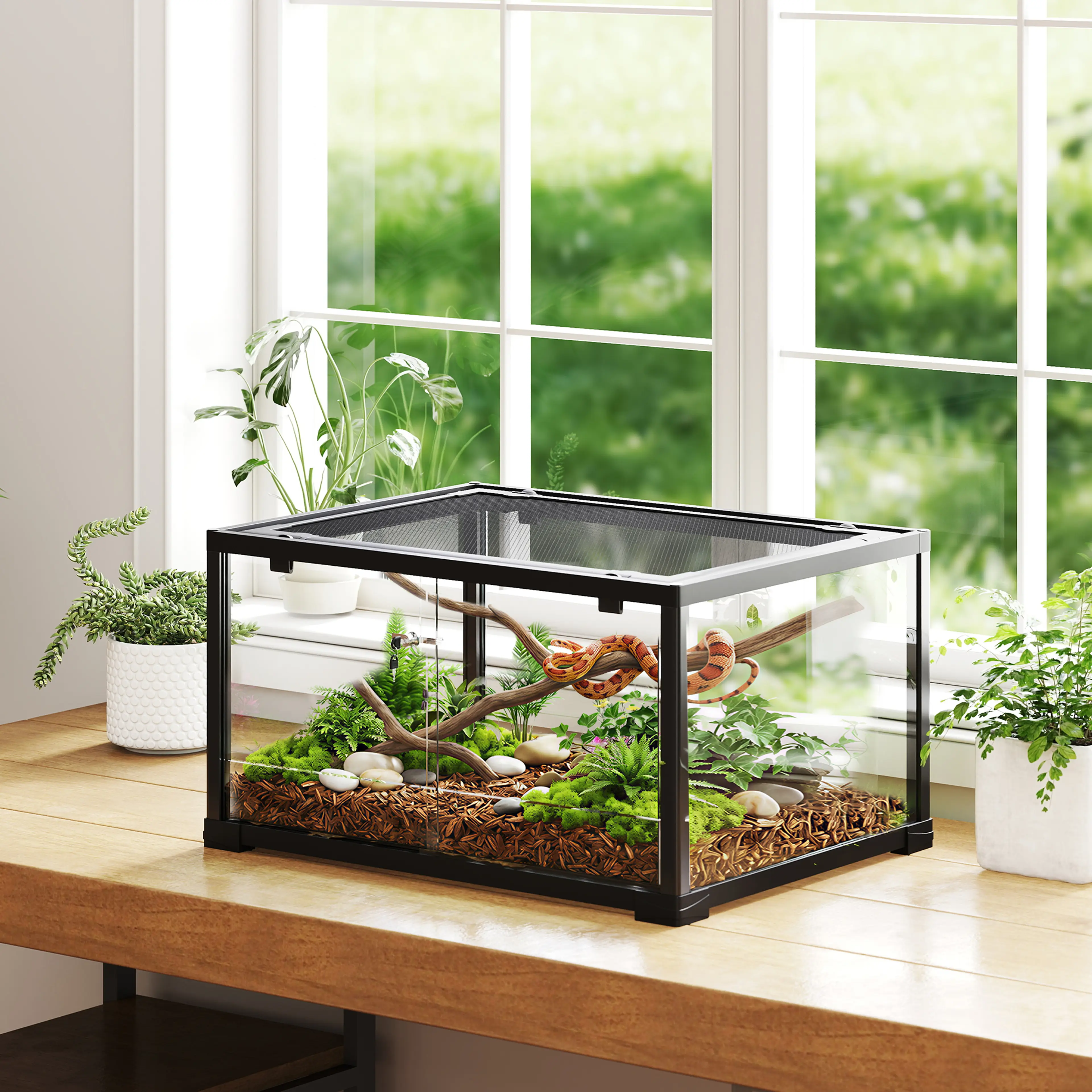 Terrariet inrett med växter och gren, på ett bord vid ett fönster