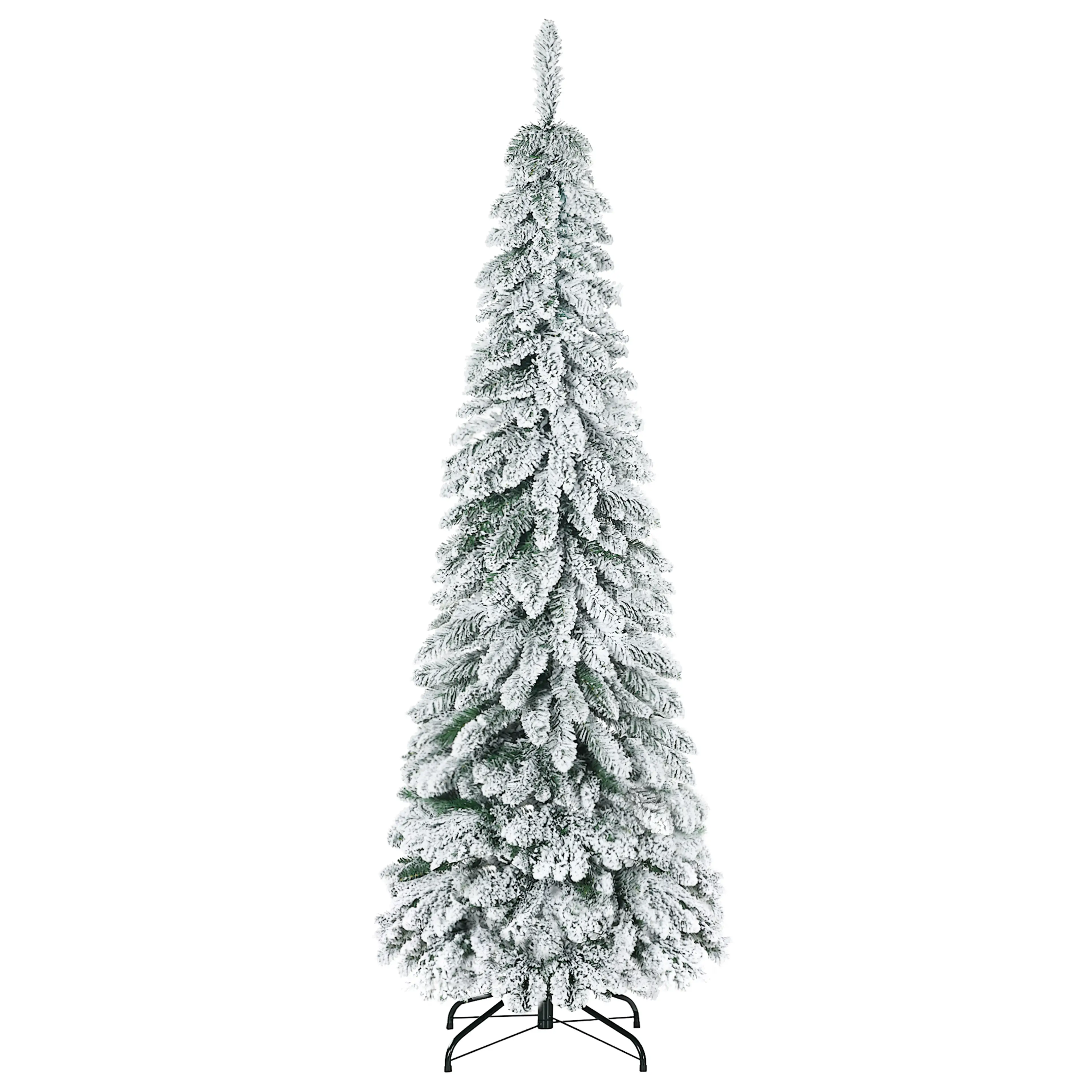 Smal snöad julgran på metallfot mot vit bakgrund