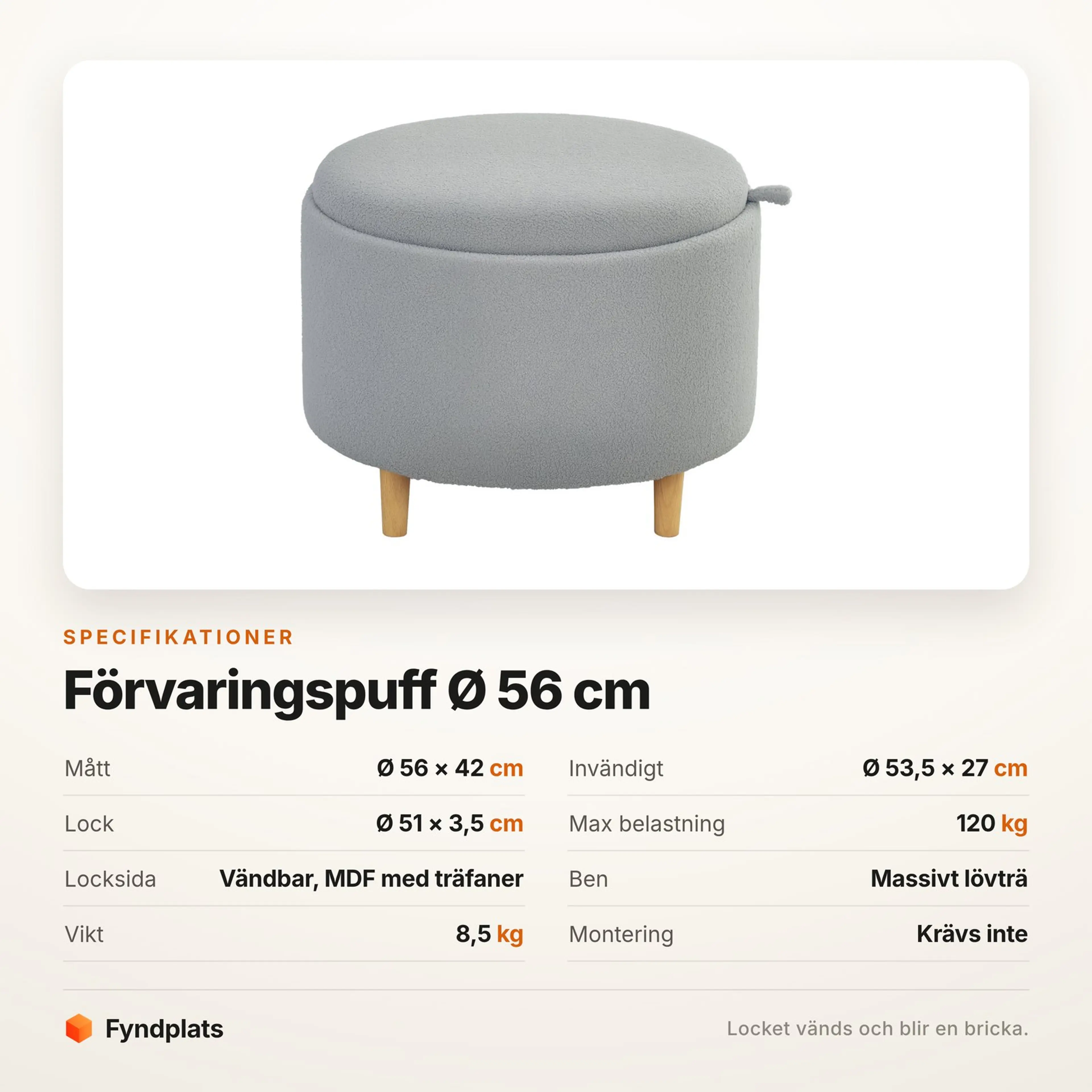 Fyndplats specifikationskort med puffens mått, förvaringsfack och maxlast