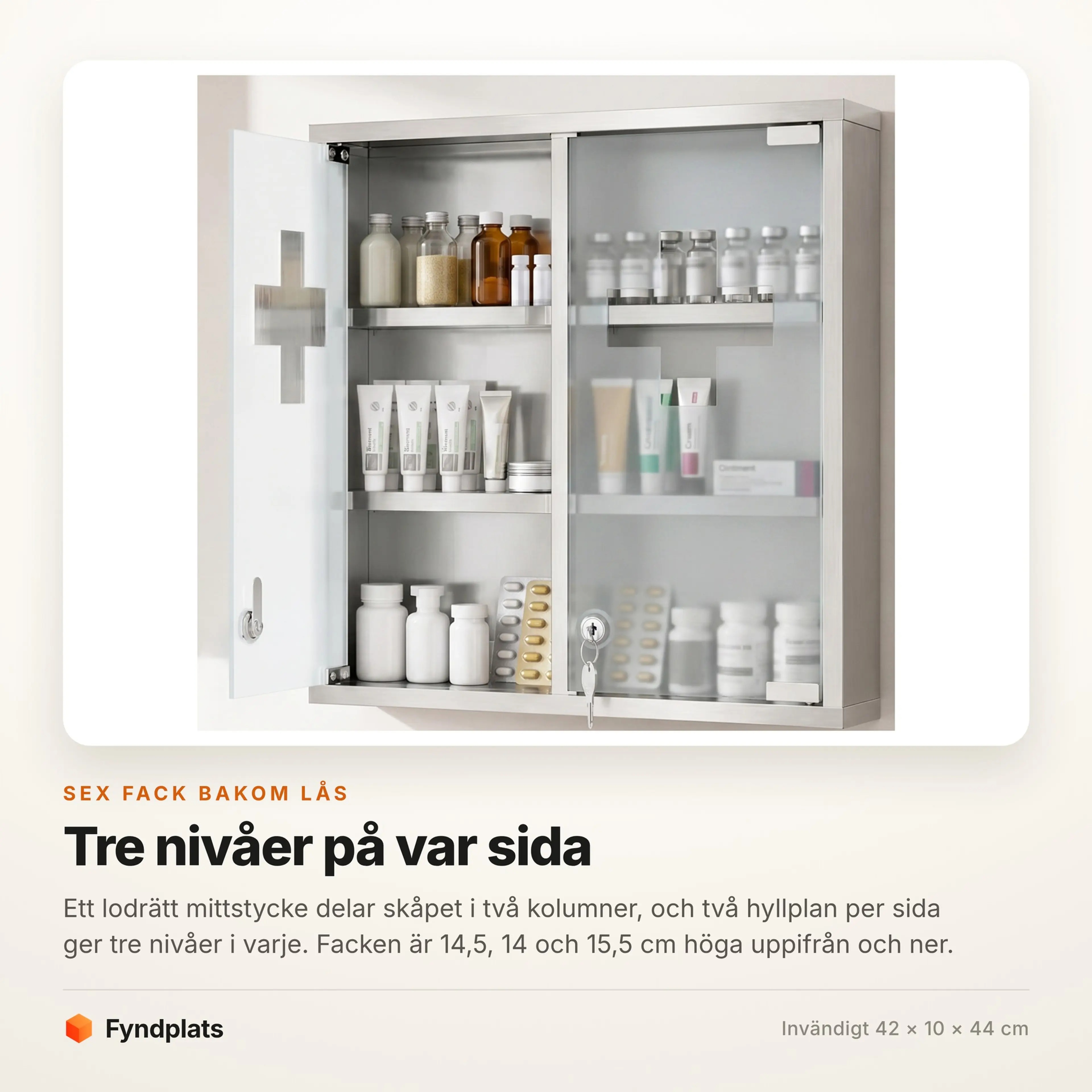 Skåpets sex fack: två kolumner med tre nivåer, 14,5, 14 och 15,5 cm höga