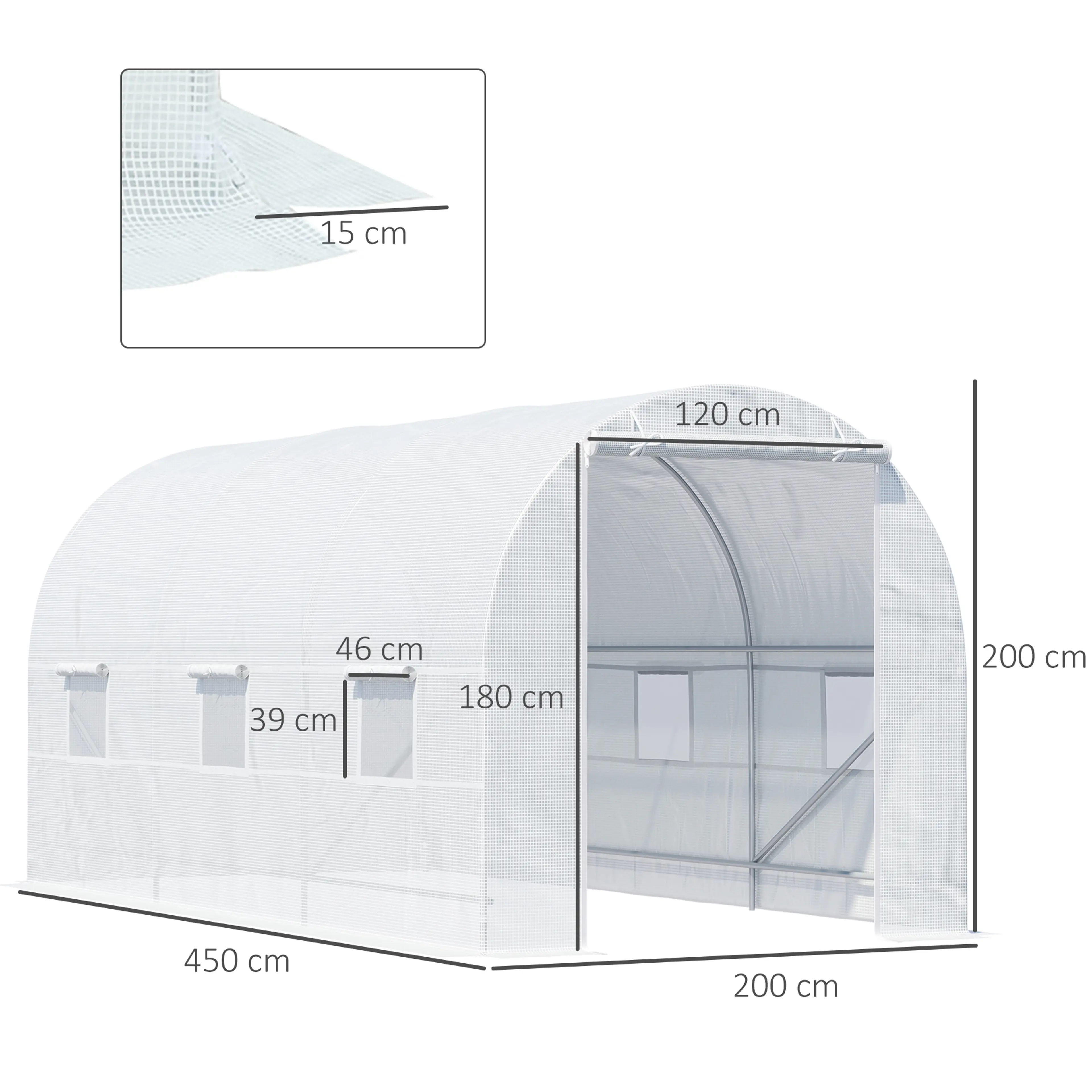 Måttskiss: 450 cm långt, 200 cm brett och 200 cm högt, dörr 120 x 180 cm