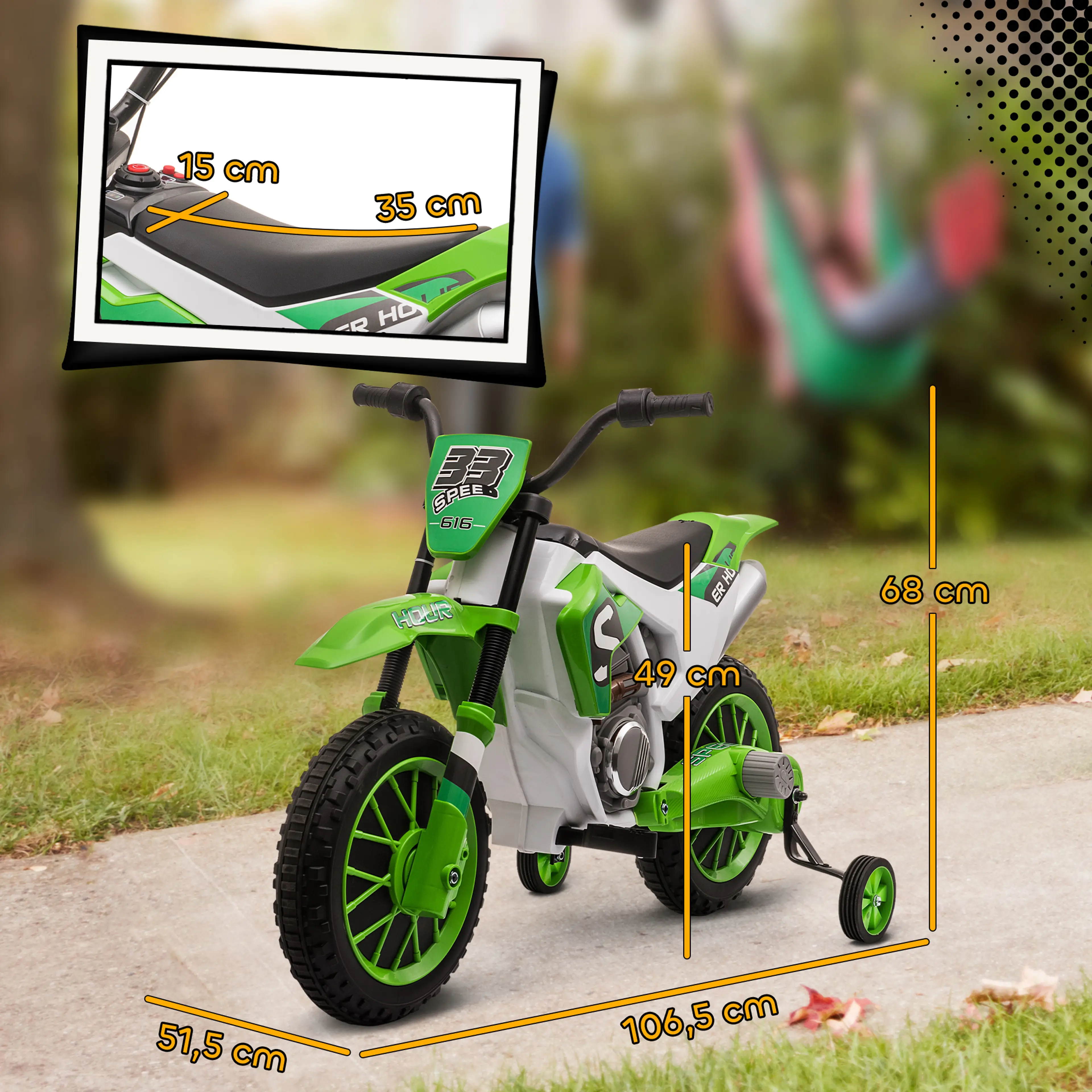 Måttbild: motorcykeln är 106,5 × 51,5 × 68 cm och sitsen 35 × 15 cm