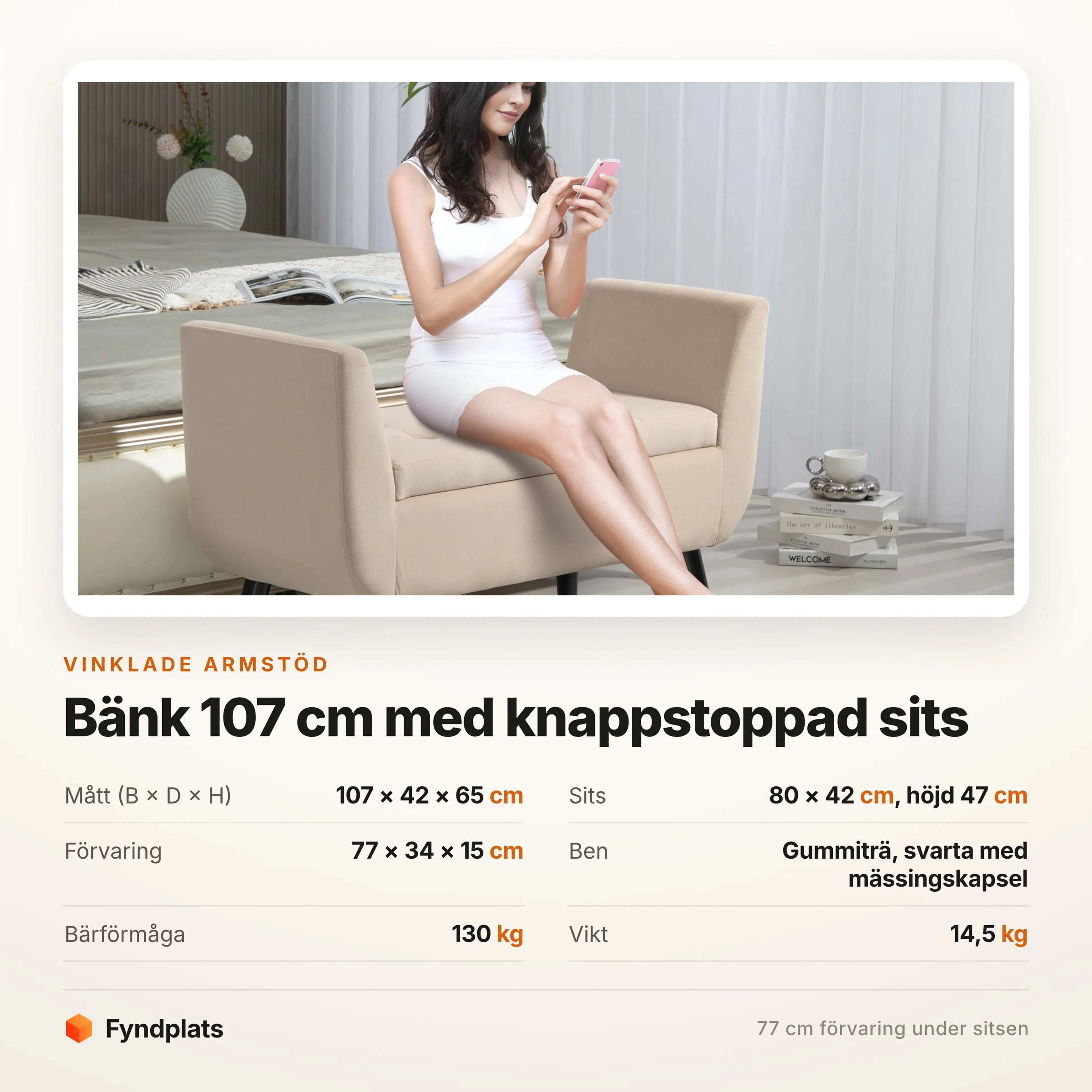 Bänk 107 cm med vinklade armstöd och förvaring – bild 3