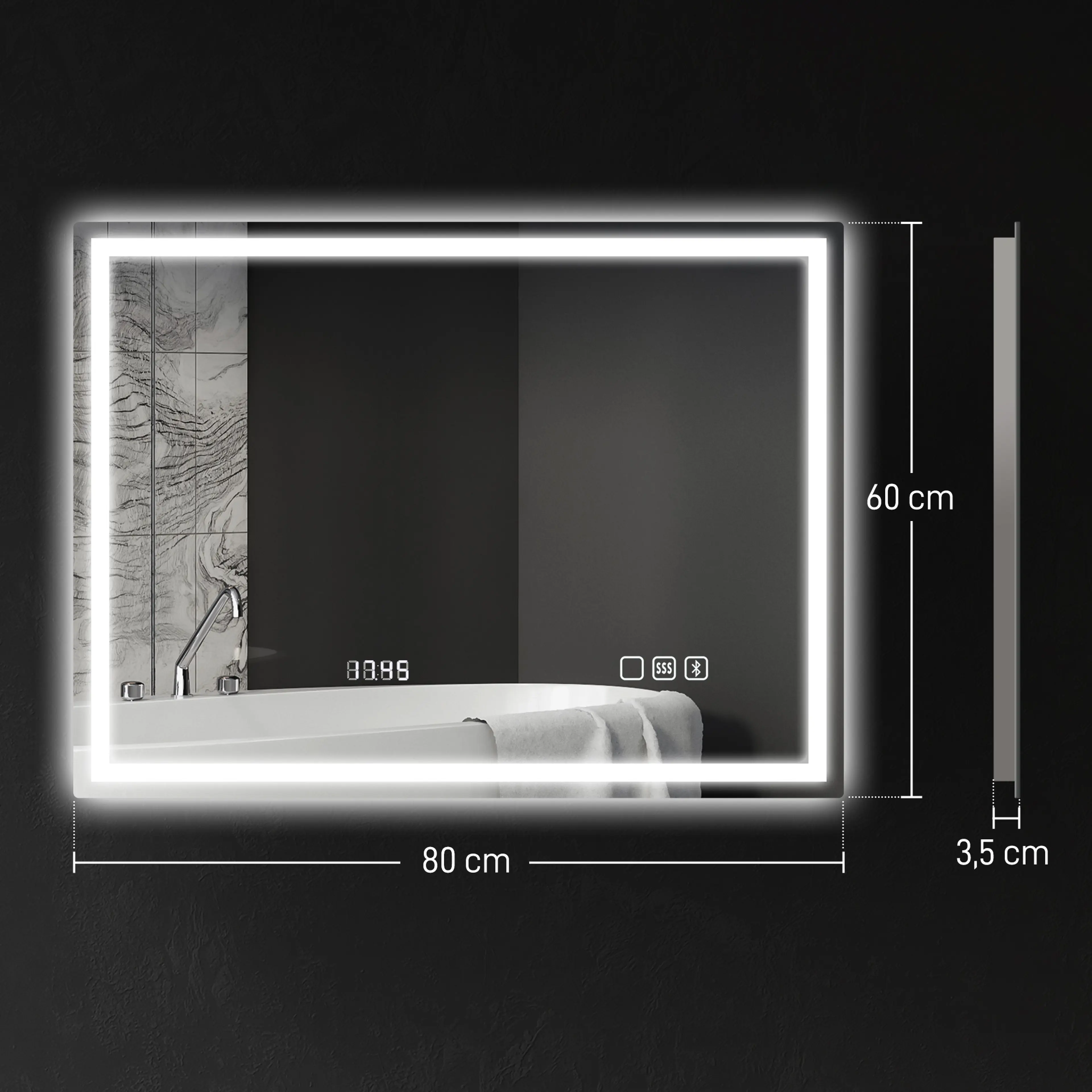 Badrumsspegel LED 80 × 60 cm med Bluetooth och klocka – bild 5