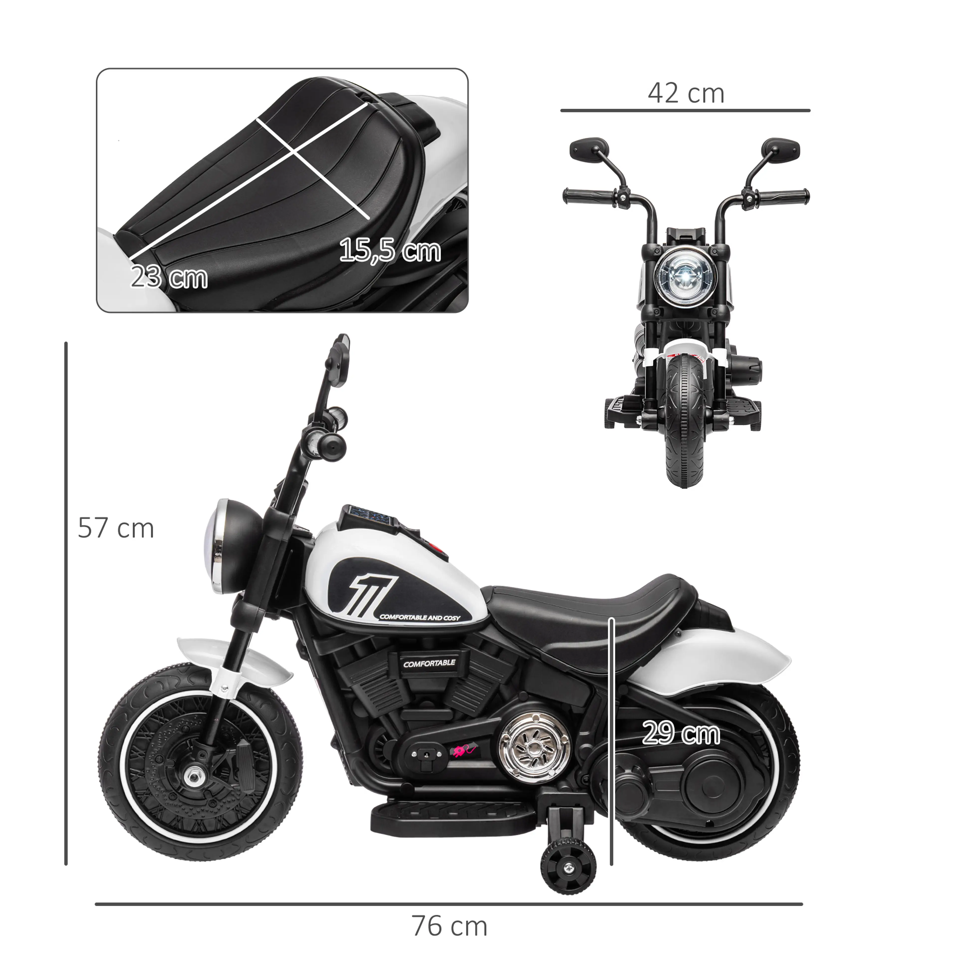 Måttskiss på vit elmotorcykel sedd från sidan och framifrån med mått i centimeter