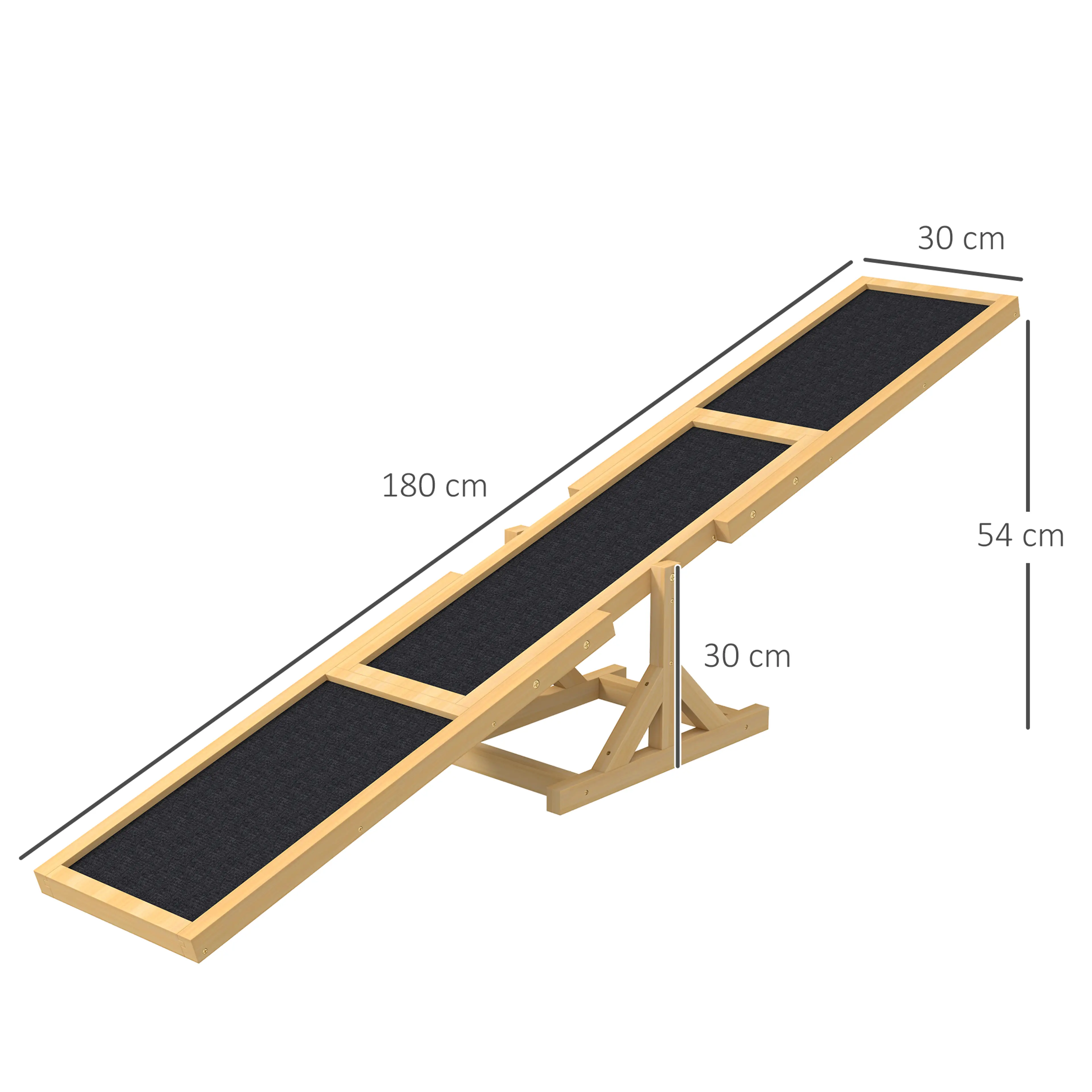 Måttritning över hundvippan med 180 cm längd, 30 cm bredd och 54 cm höjd i tippat läge