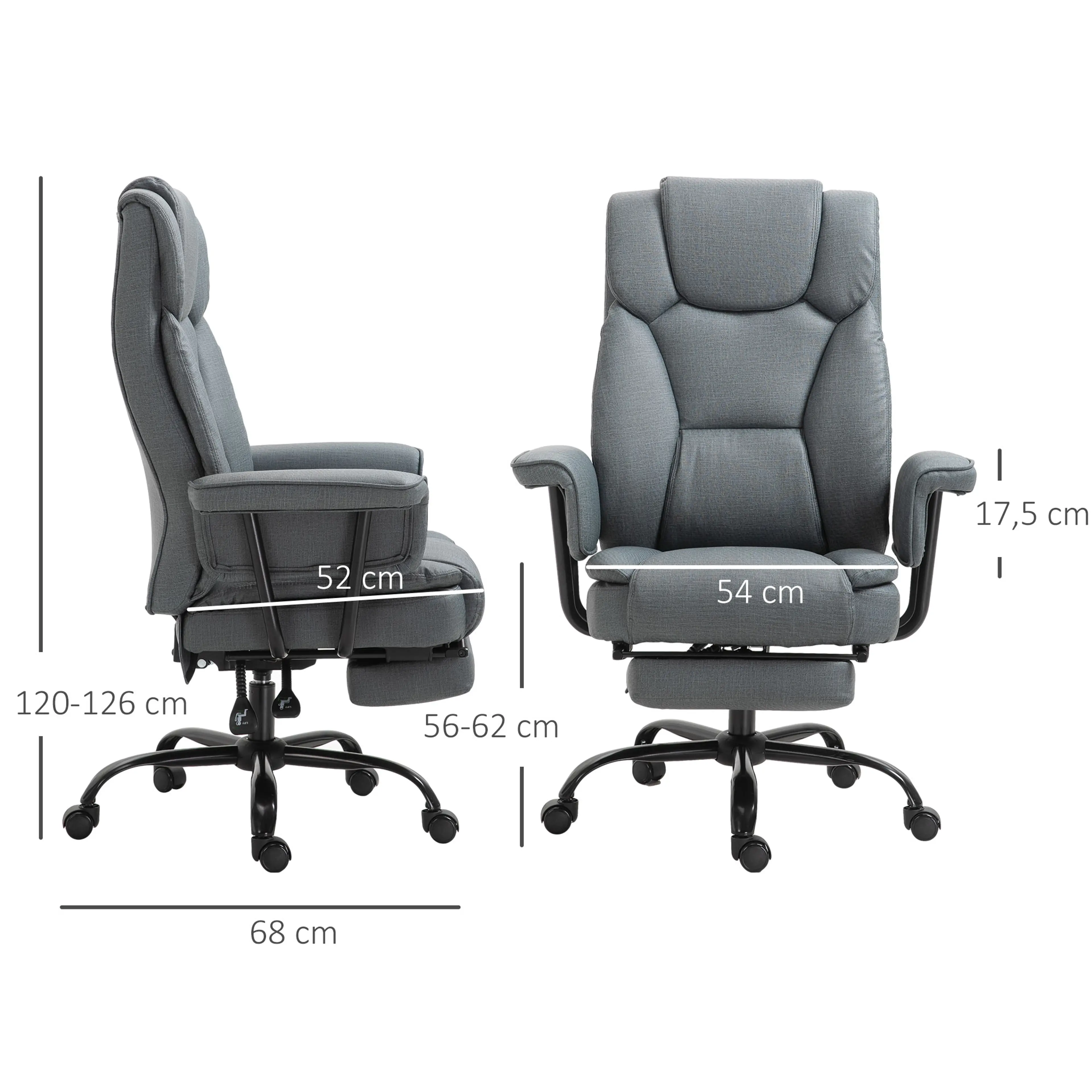Måttritning med bredd 68 cm, höjd 120–126 cm, sits 54 × 52 cm och sitthöjd 56–62 cm