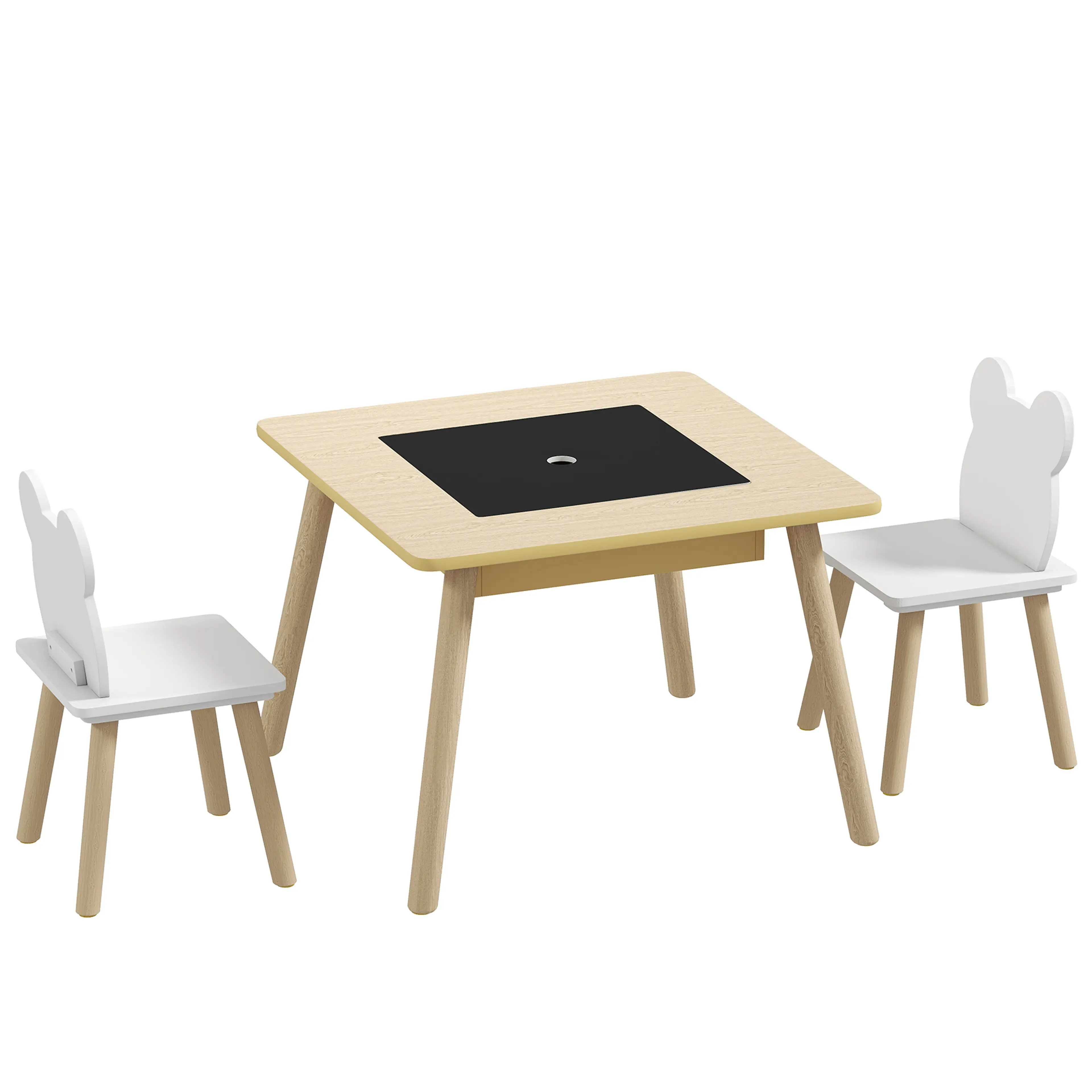 Barnbord med två björnstolar – platta och förvaring i skivan, 60 × 60 cm, 3–6 år
