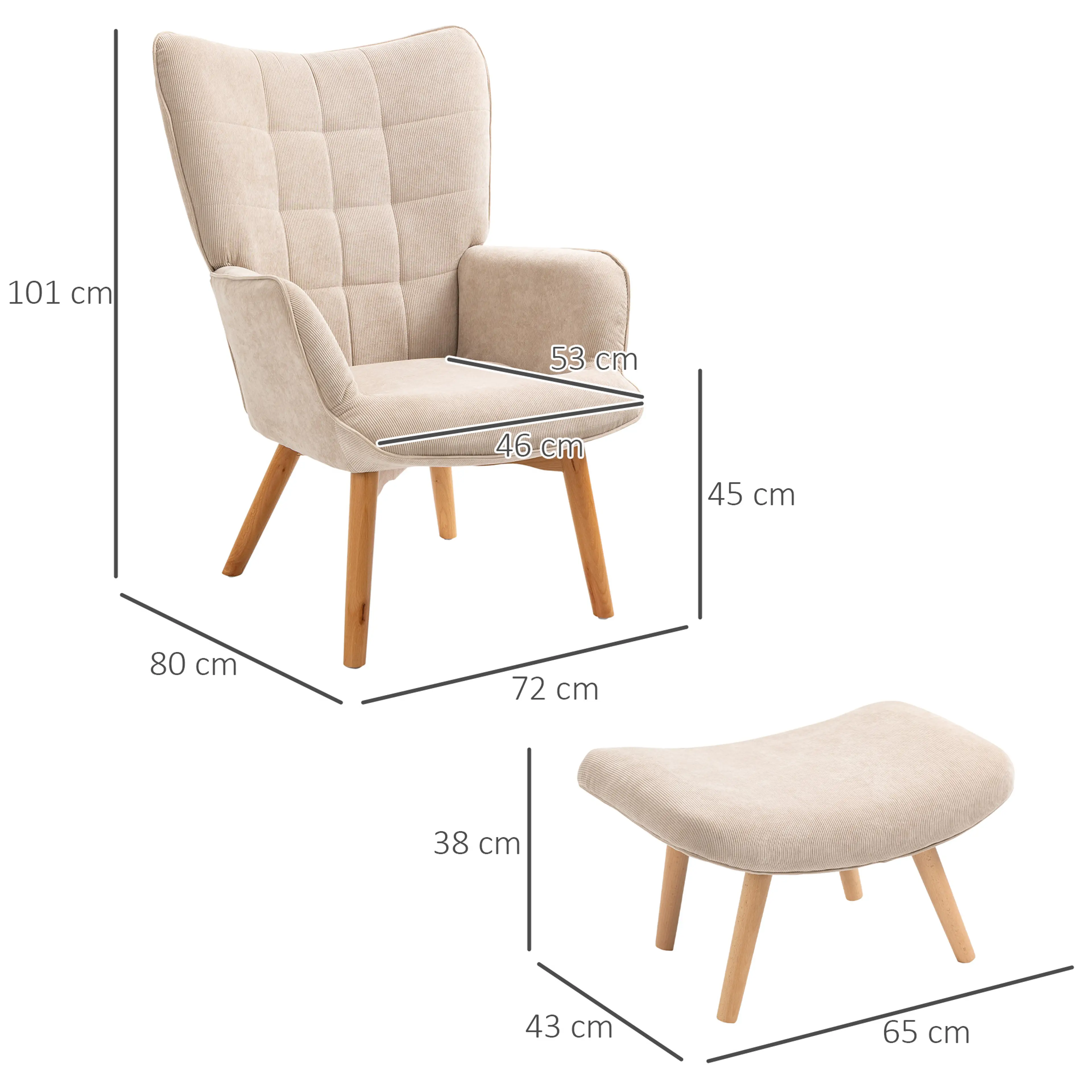 Måttskiss: fåtölj 72 × 80 × 101 cm och fotpall 65 × 43 × 38 cm