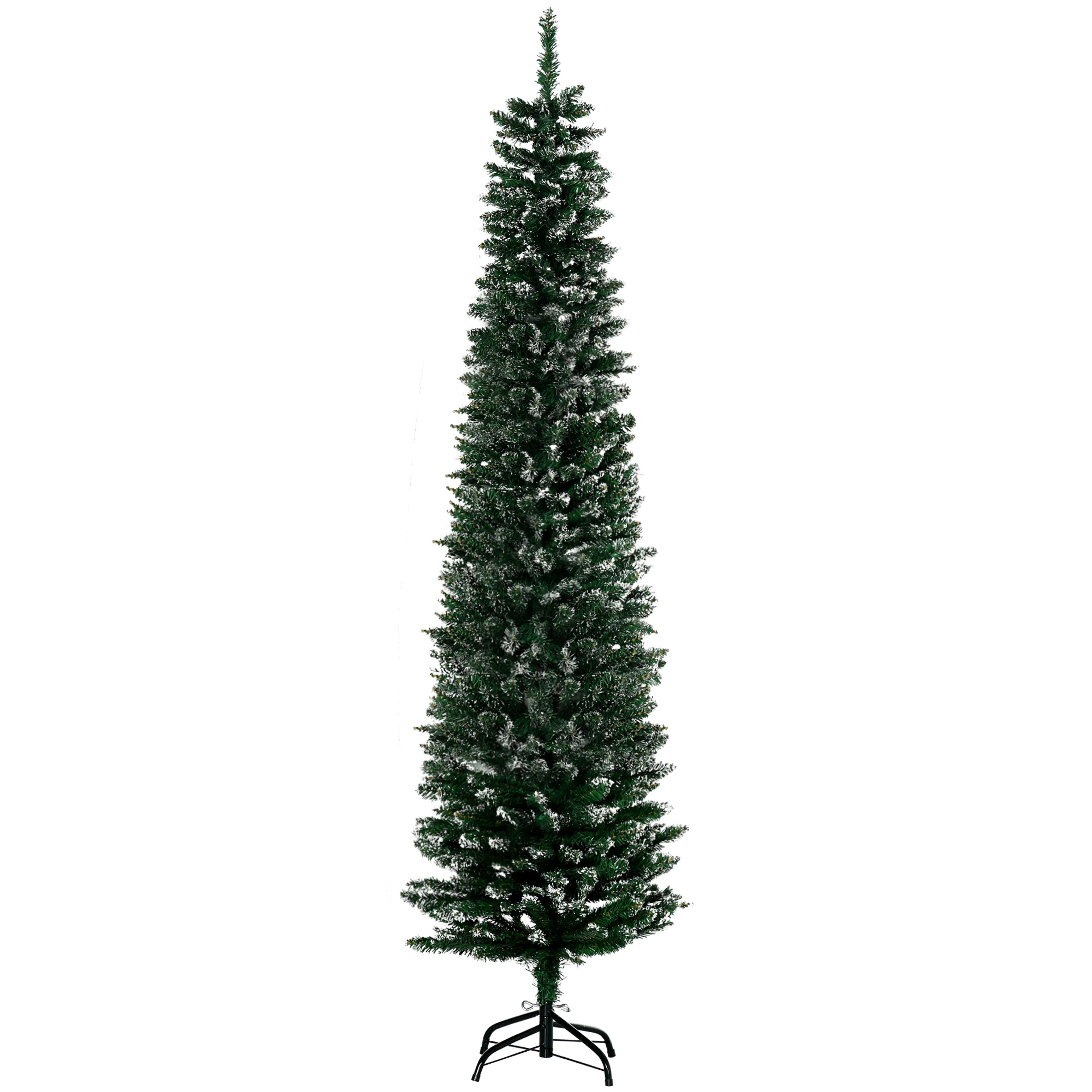 Smal plastgran 190 cm med snöade spetsar – 570 grenspetsar, flamskyddad, stålfot