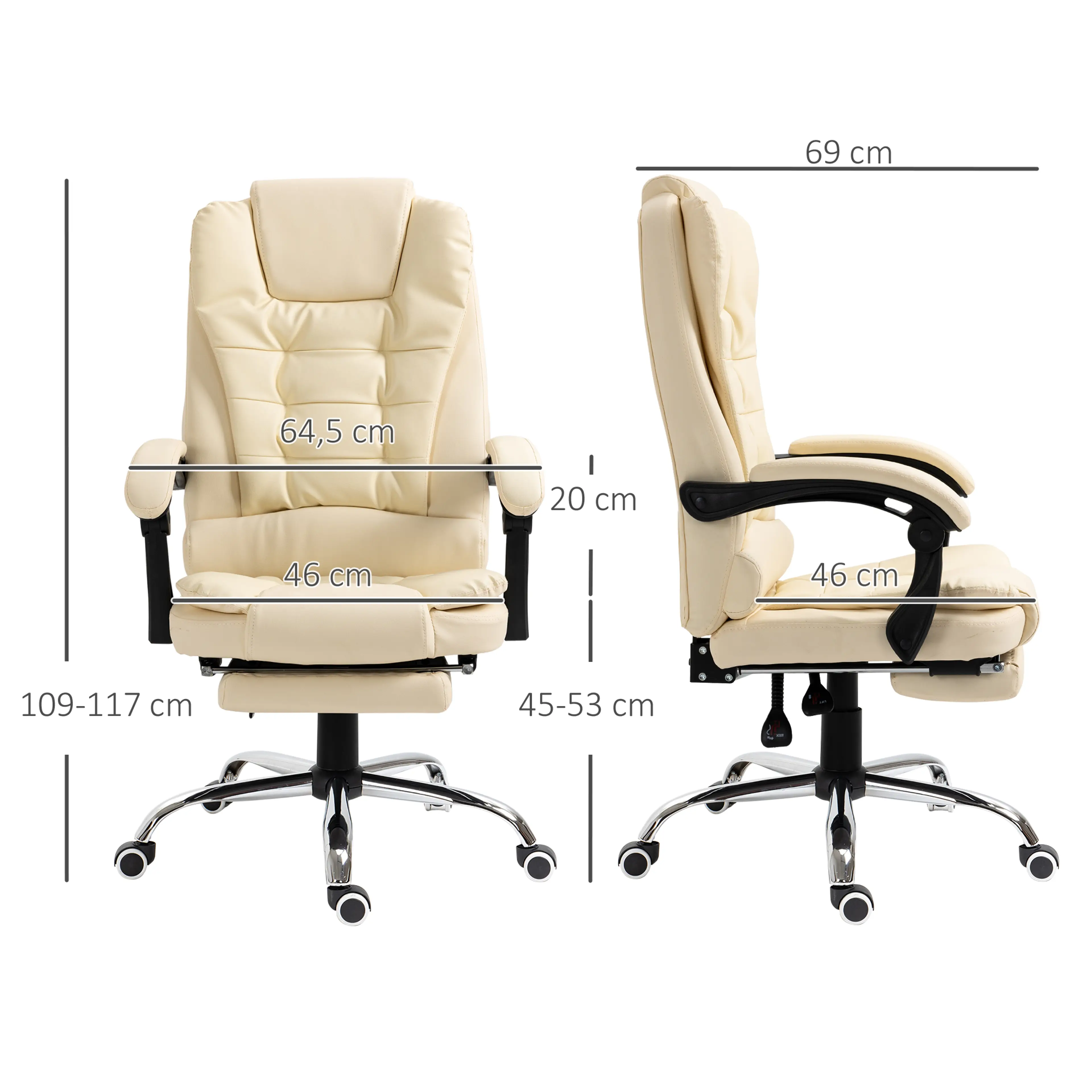 Måttritning med djup 69 cm, höjd 109–117 cm, sits 46 cm och sitthöjd 45–53 cm