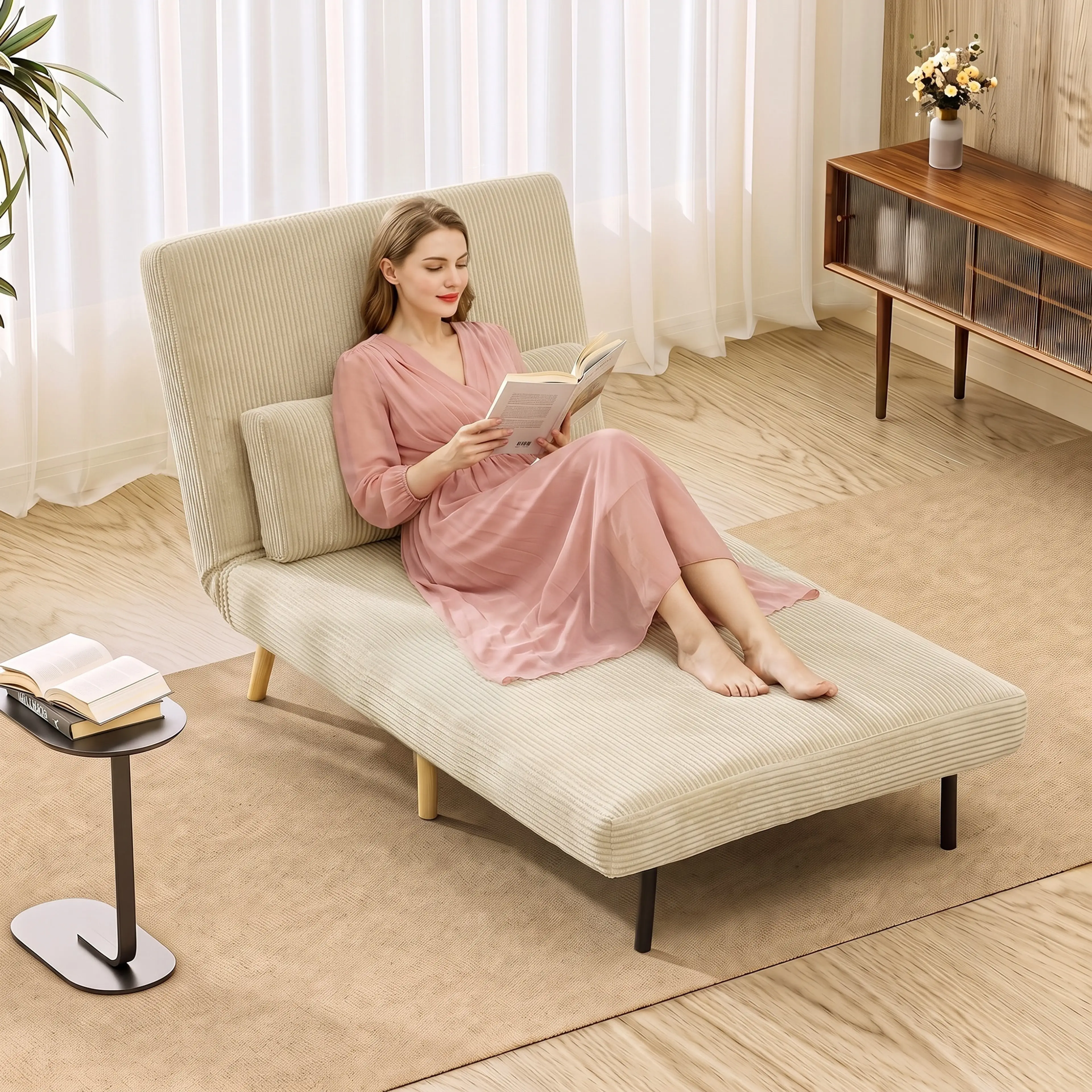 En person sitter i den beige bäddfåtöljen med ryggen uppfälld