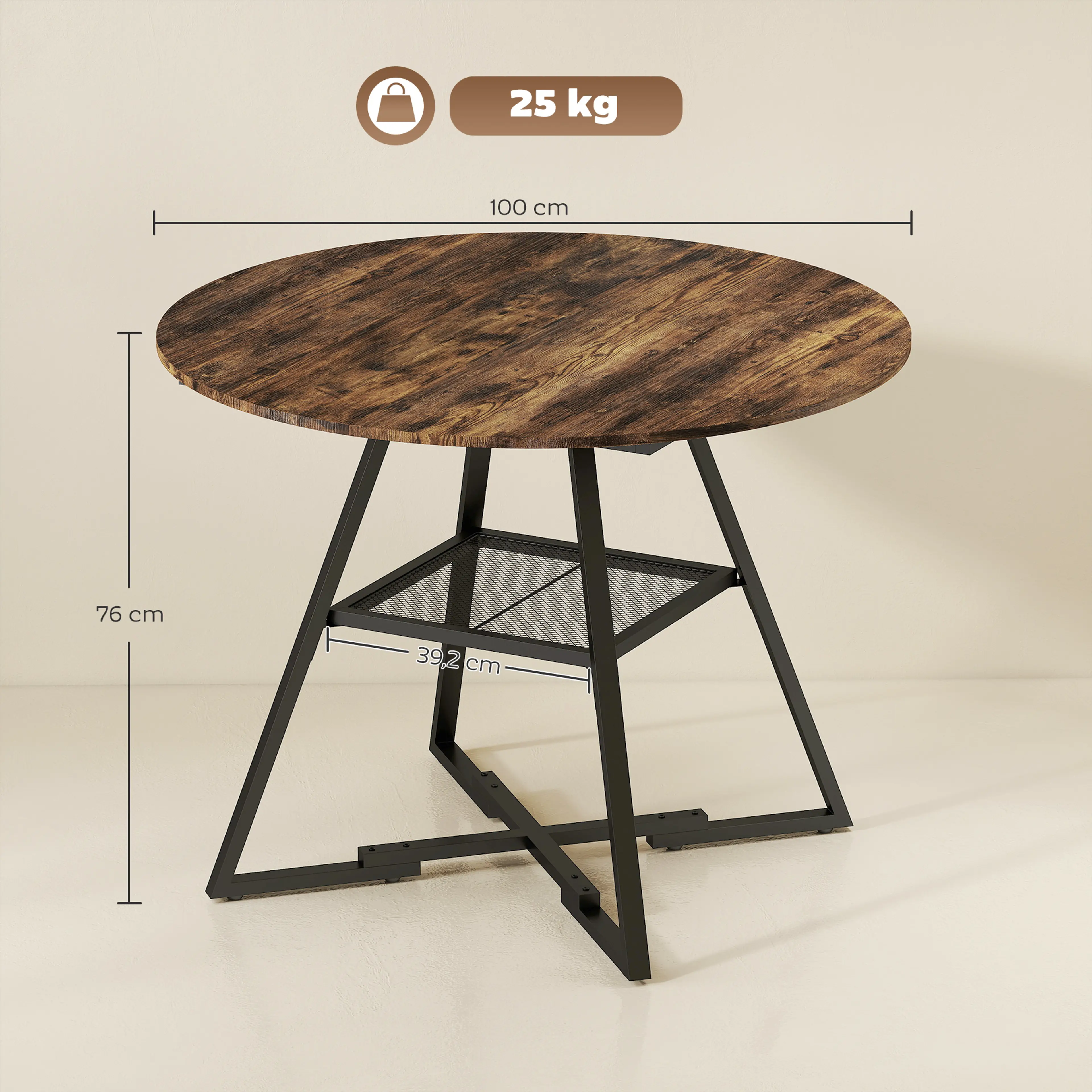 Måttritning för bordet: 100 cm i diameter, 76 cm högt och 25 kg maxlast