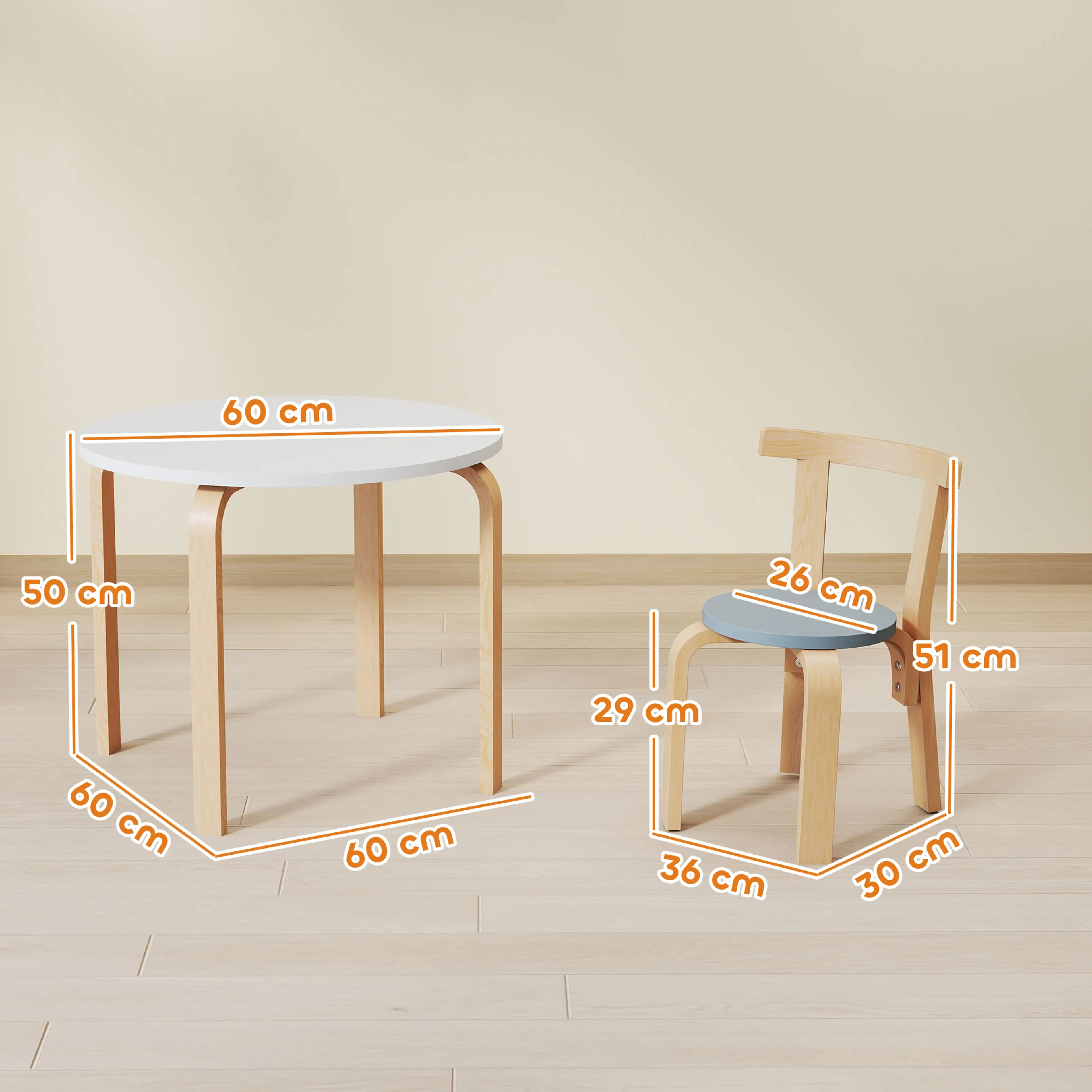 Måttbild: bordet är 60 cm i diameter och 50 cm högt, stolarna 36 × 30 × 51 cm