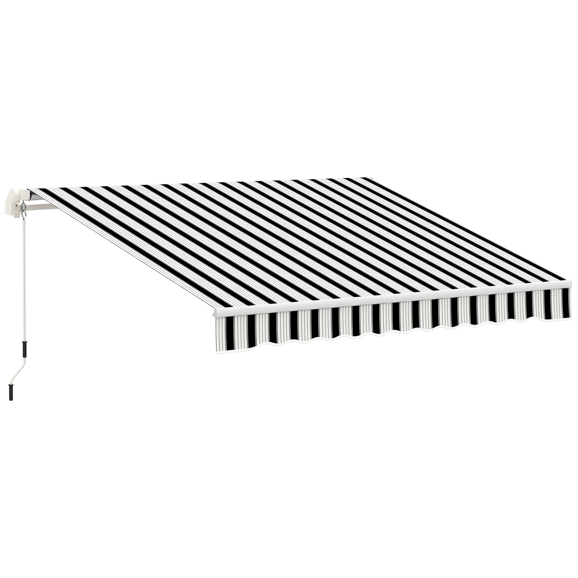 Markis med svartvit randig duk, vit aluminiumram och en vev som hänger ner på vänster sida, mot vit bakgrund