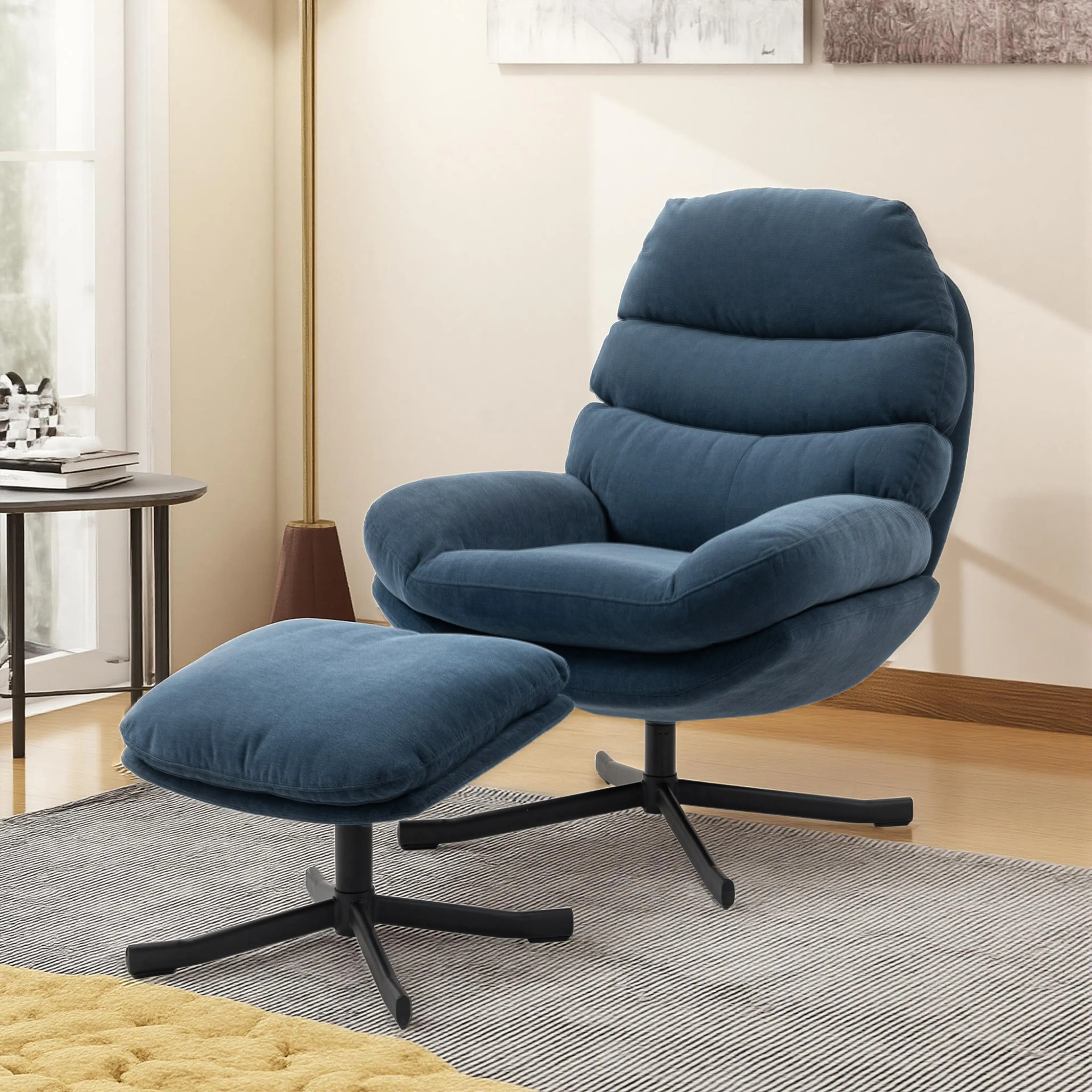 Loungefåtölj med fotpall i chenille, 360° snurrfot – blå – bild 4
