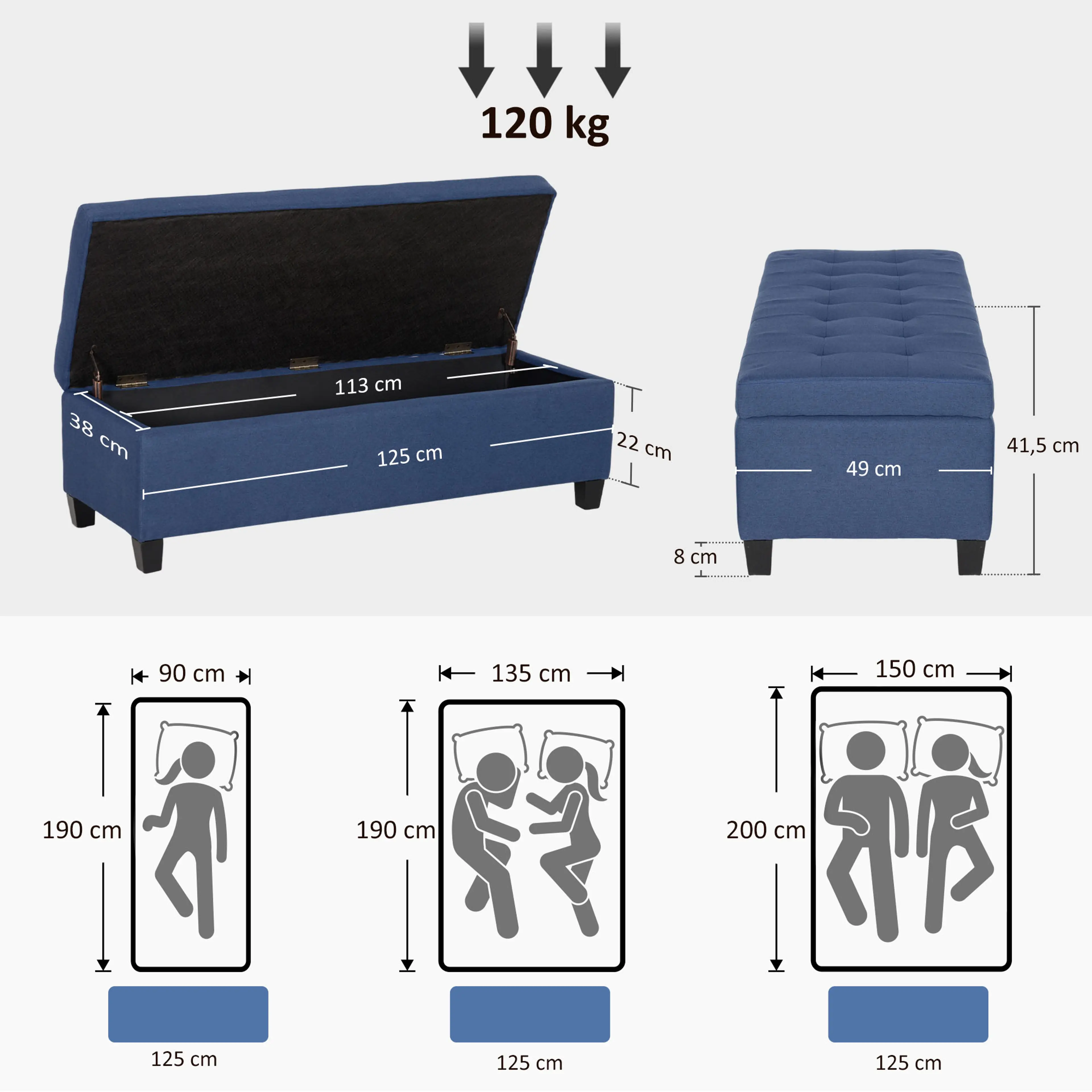 Ottomanbänk 125 cm med förvaring, blå – bild 4