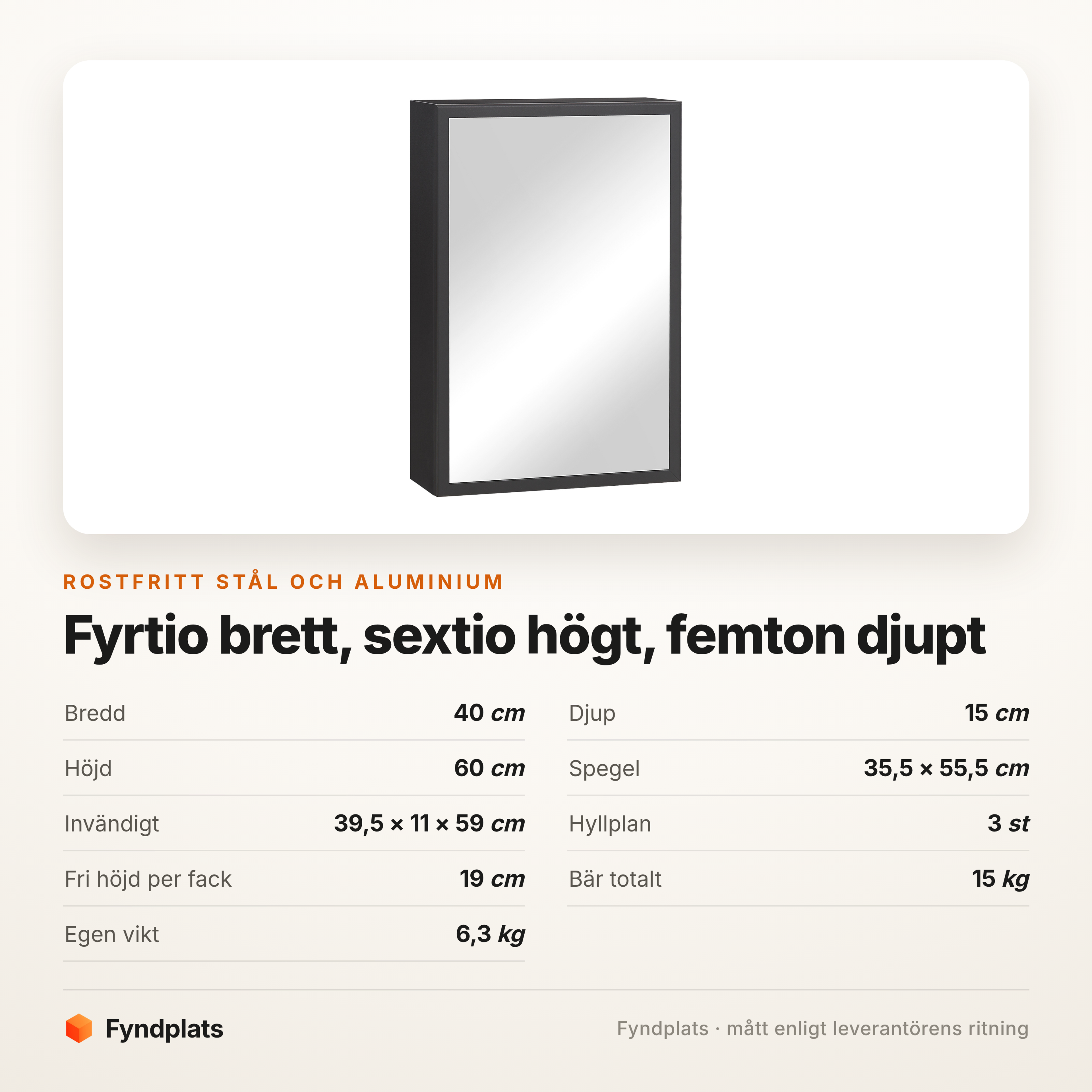Spegelskåp 40 × 60 cm ramlöst – svart, 15 cm djupt – bild 5