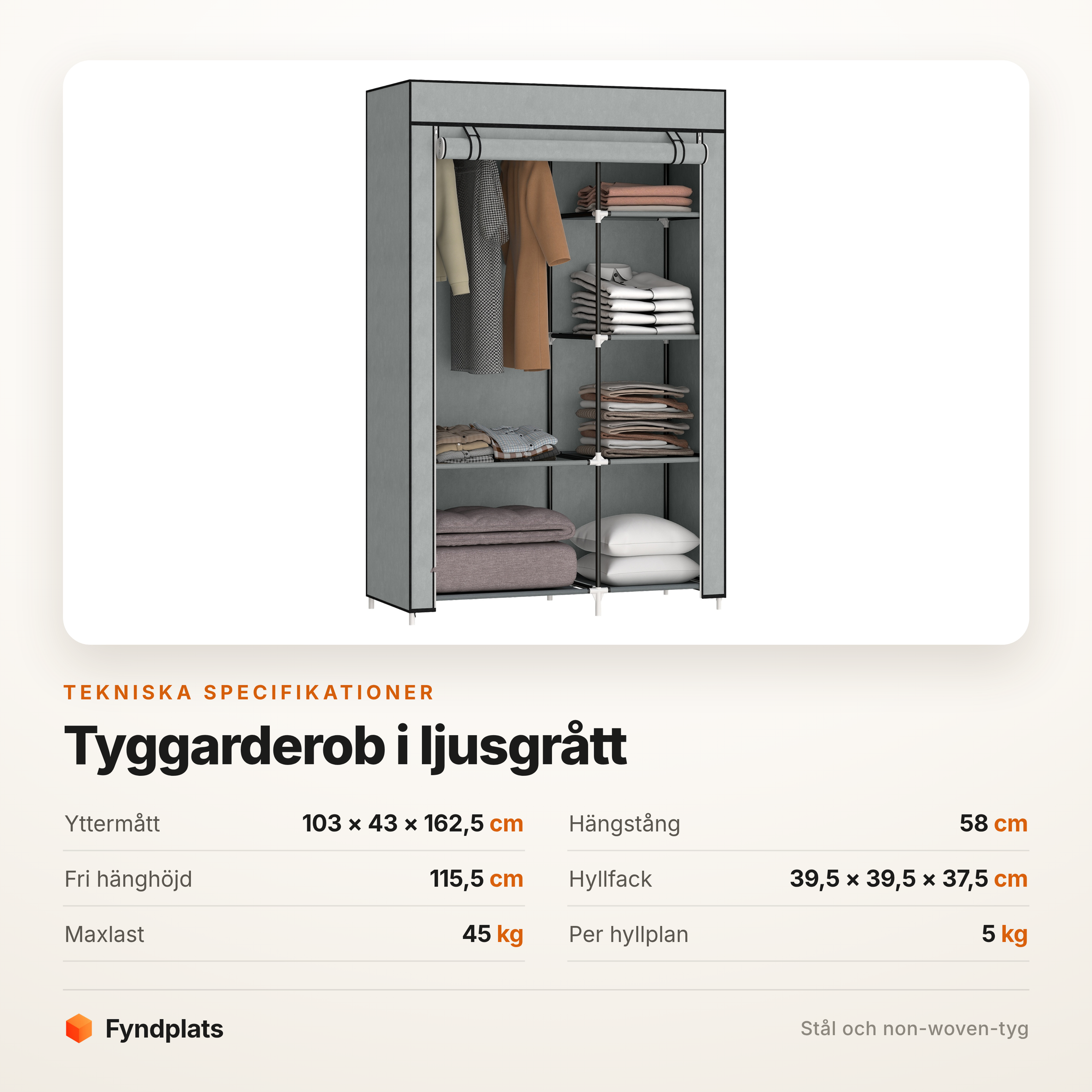 Fyndplats spec-kort för tyggarderoben: 103 × 43 × 162,5 cm, 58 cm hängstång och 45 kg maxlast