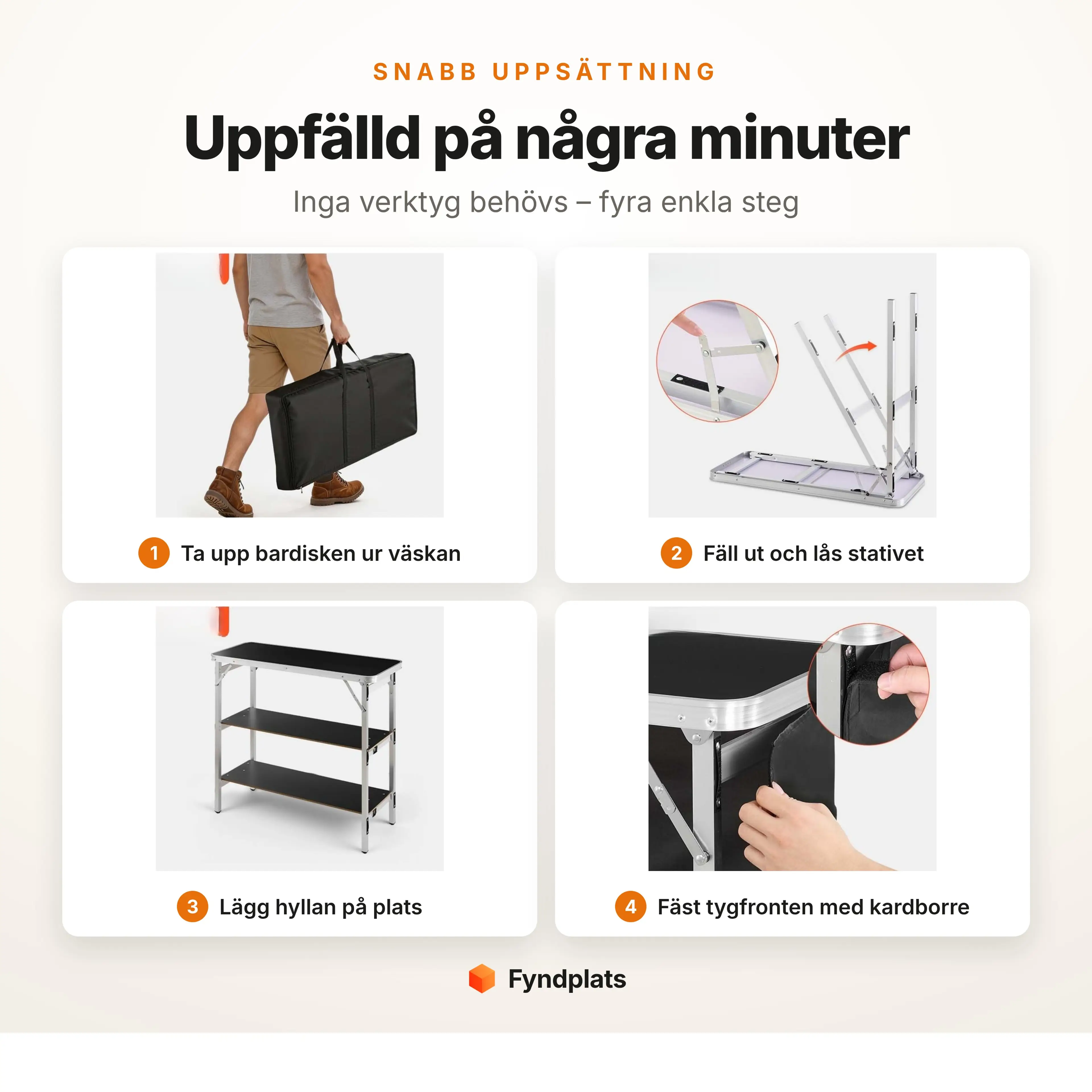 Så fäller du upp bardisken i fyra steg – ur väskan, fäll ut stativet, lägg i hyllan och fäst tygfronten
