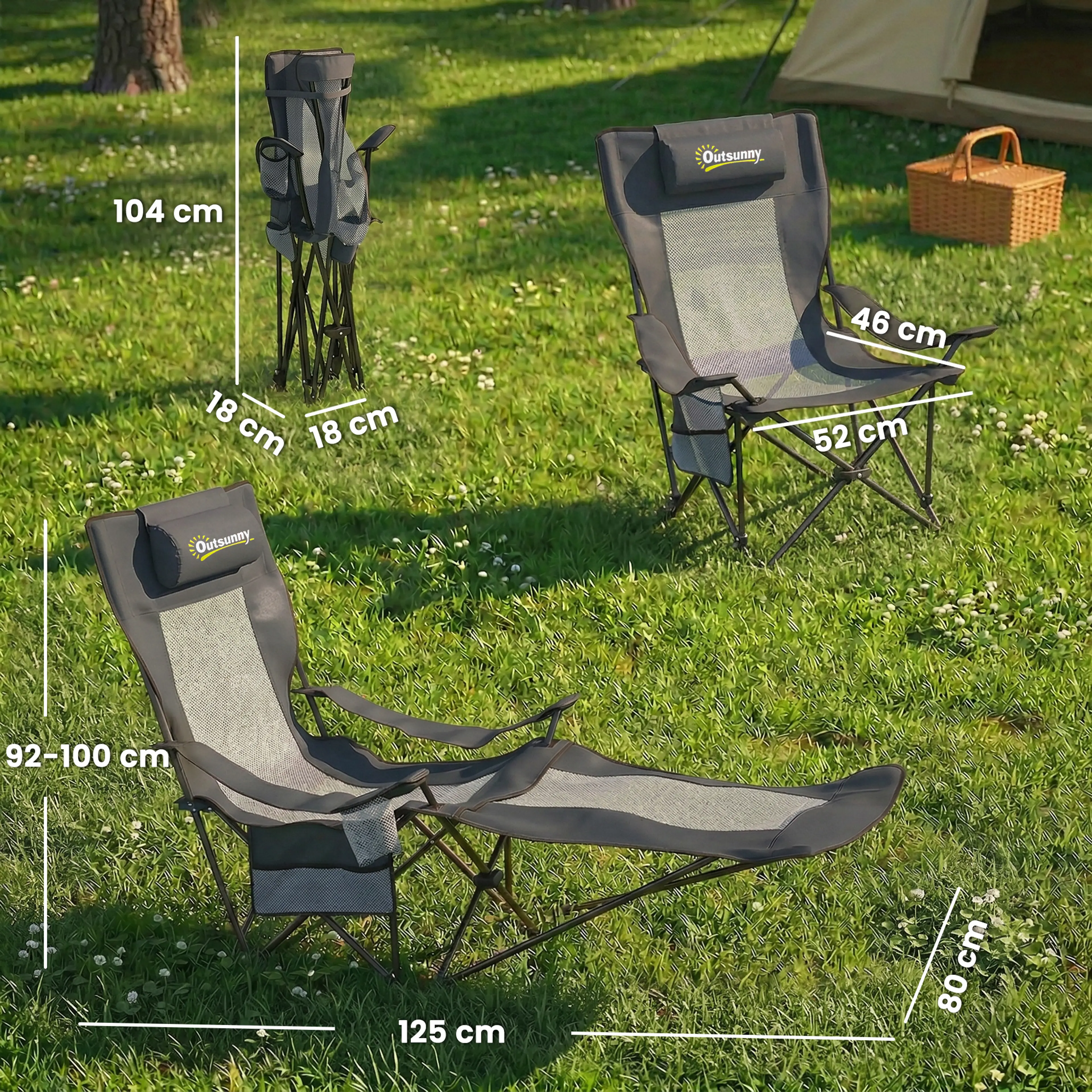 Grå hopfällbar campingstol i mesh med fotstöd och mugghållare (3)