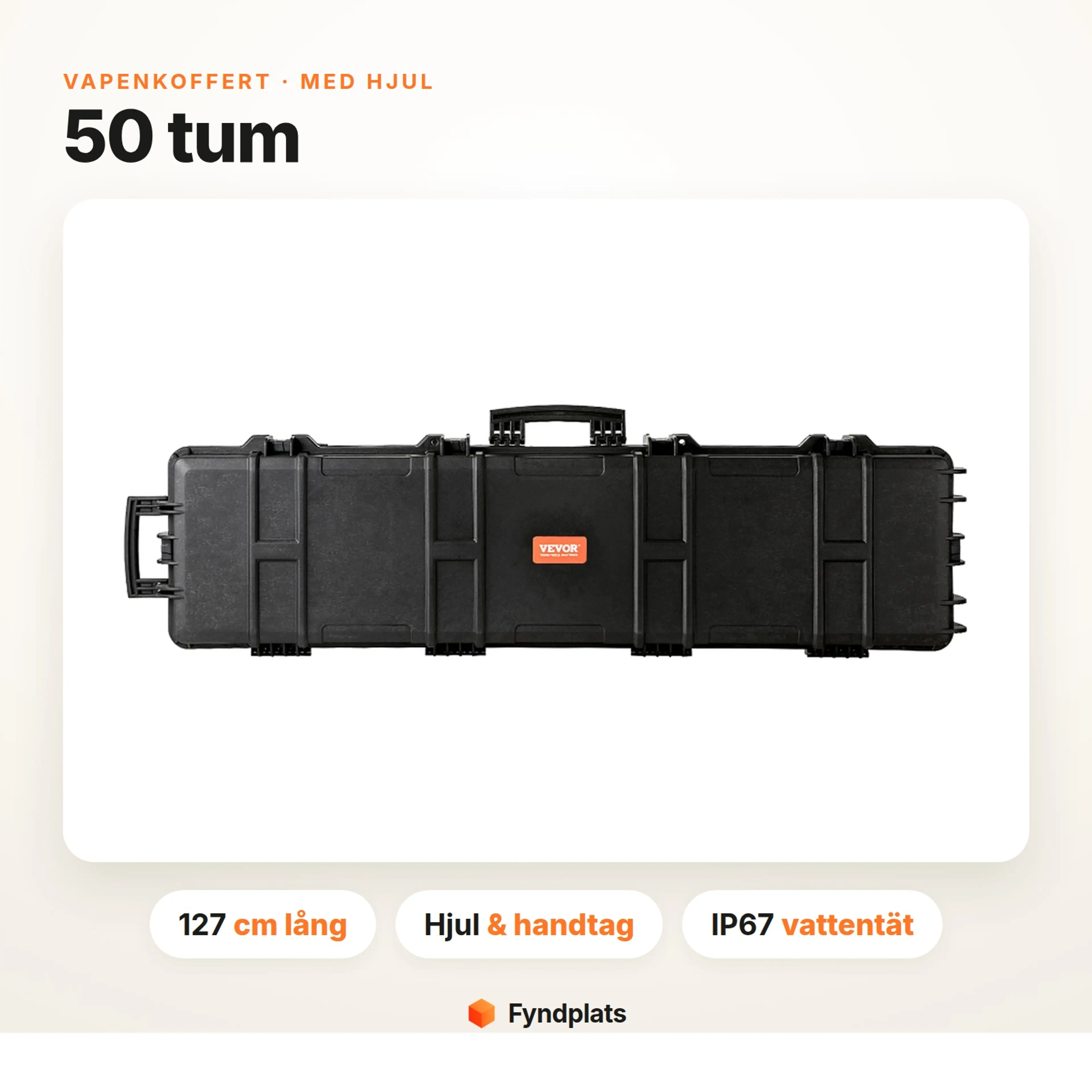 Infokort: vapenkoffert 50 tum – 127 cm lång, med hjul och handtag samt IP67-tätning